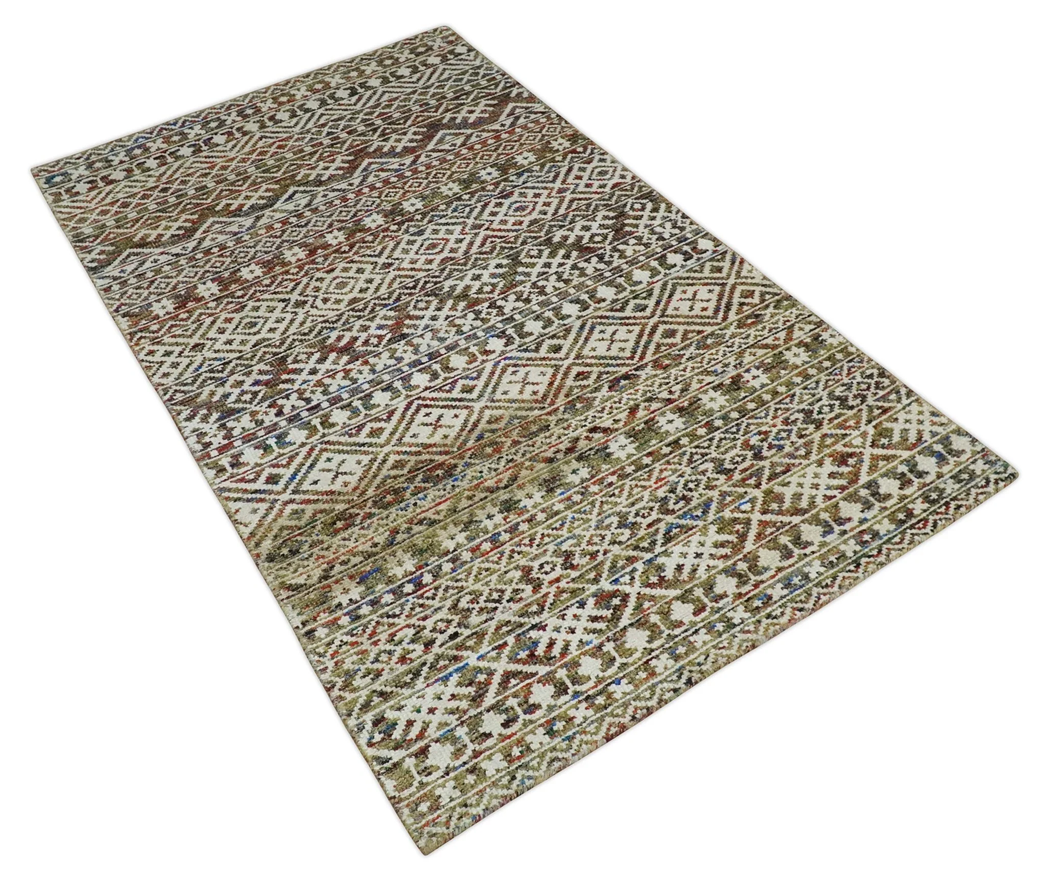 5x8 Hand Knotted Ivory, Olive and Rust Modern Contemporary Southwestern Tribal Trellis Recycled Silk Area Rug | OP121 - Image 10