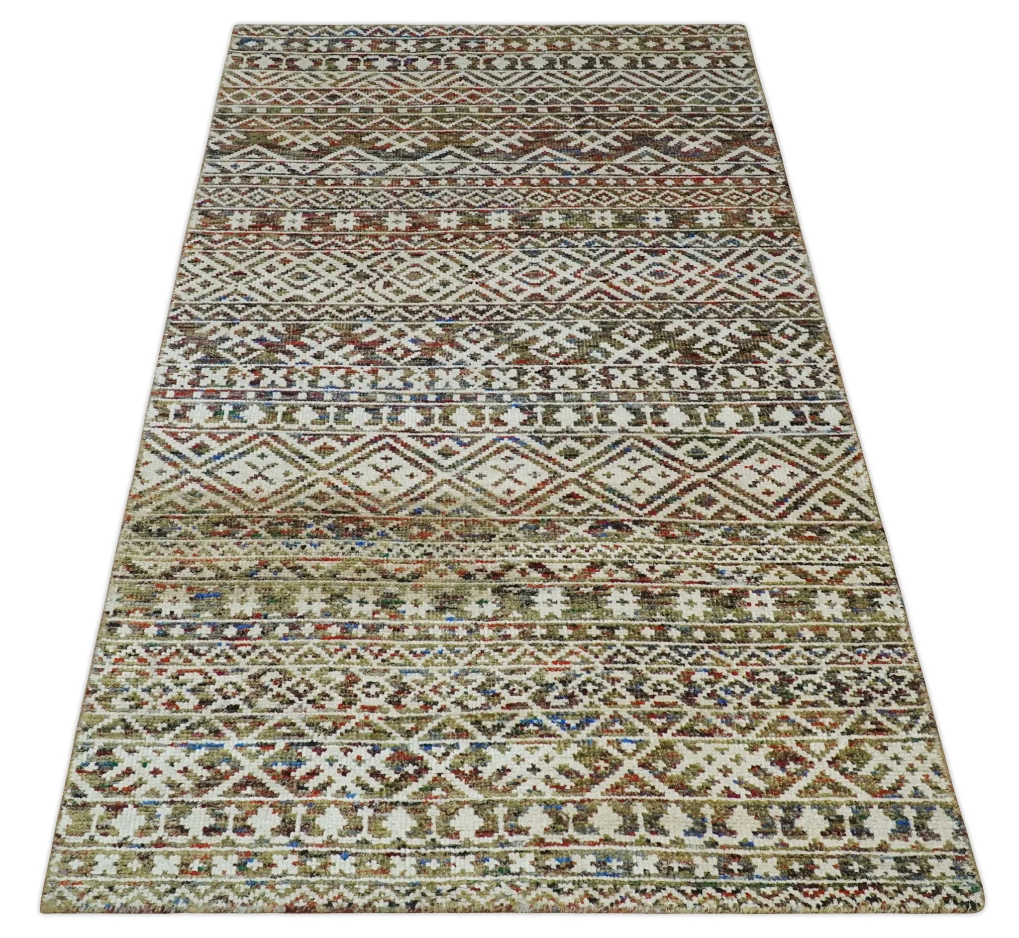 5x8 Hand Knotted Ivory, Olive and Rust Modern Contemporary Southwestern Tribal Trellis Recycled Silk Area Rug | OP121 - Image 11