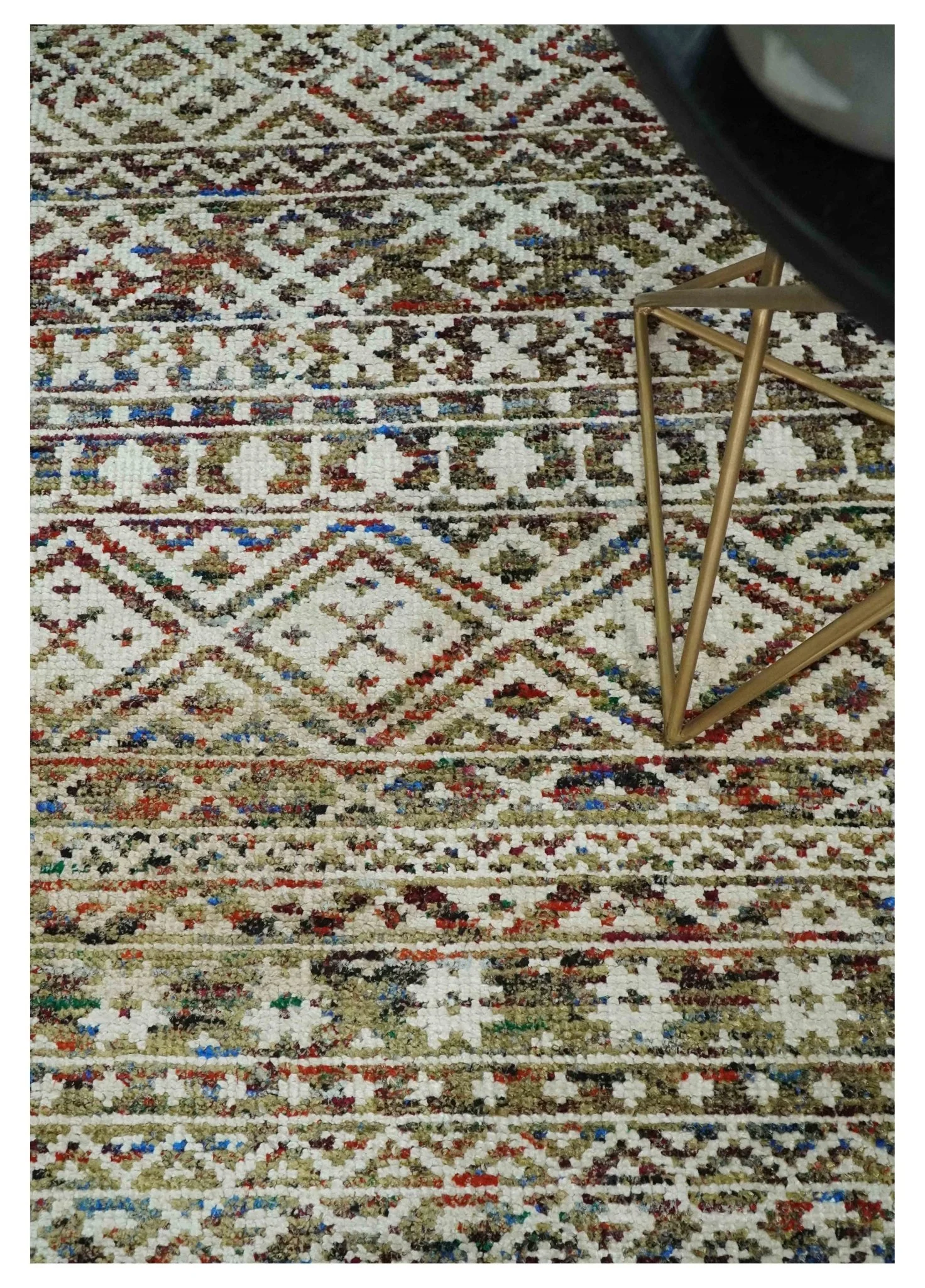 5x8 Hand Knotted Ivory, Olive and Rust Modern Contemporary Southwestern Tribal Trellis Recycled Silk Area Rug | OP121 - Image 2