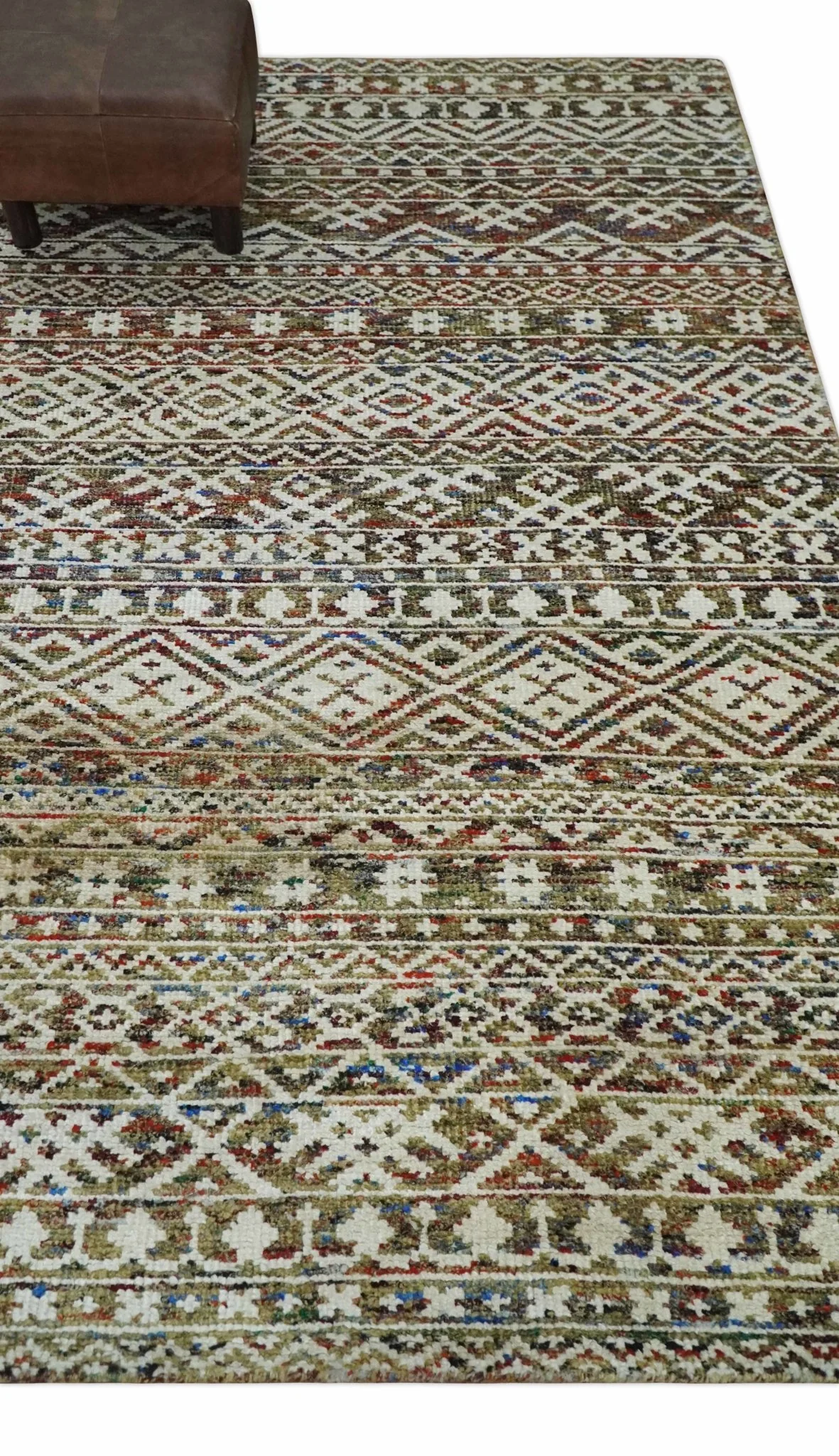 5x8 Hand Knotted Ivory, Olive and Rust Modern Contemporary Southwestern Tribal Trellis Recycled Silk Area Rug | OP121 - Image 3