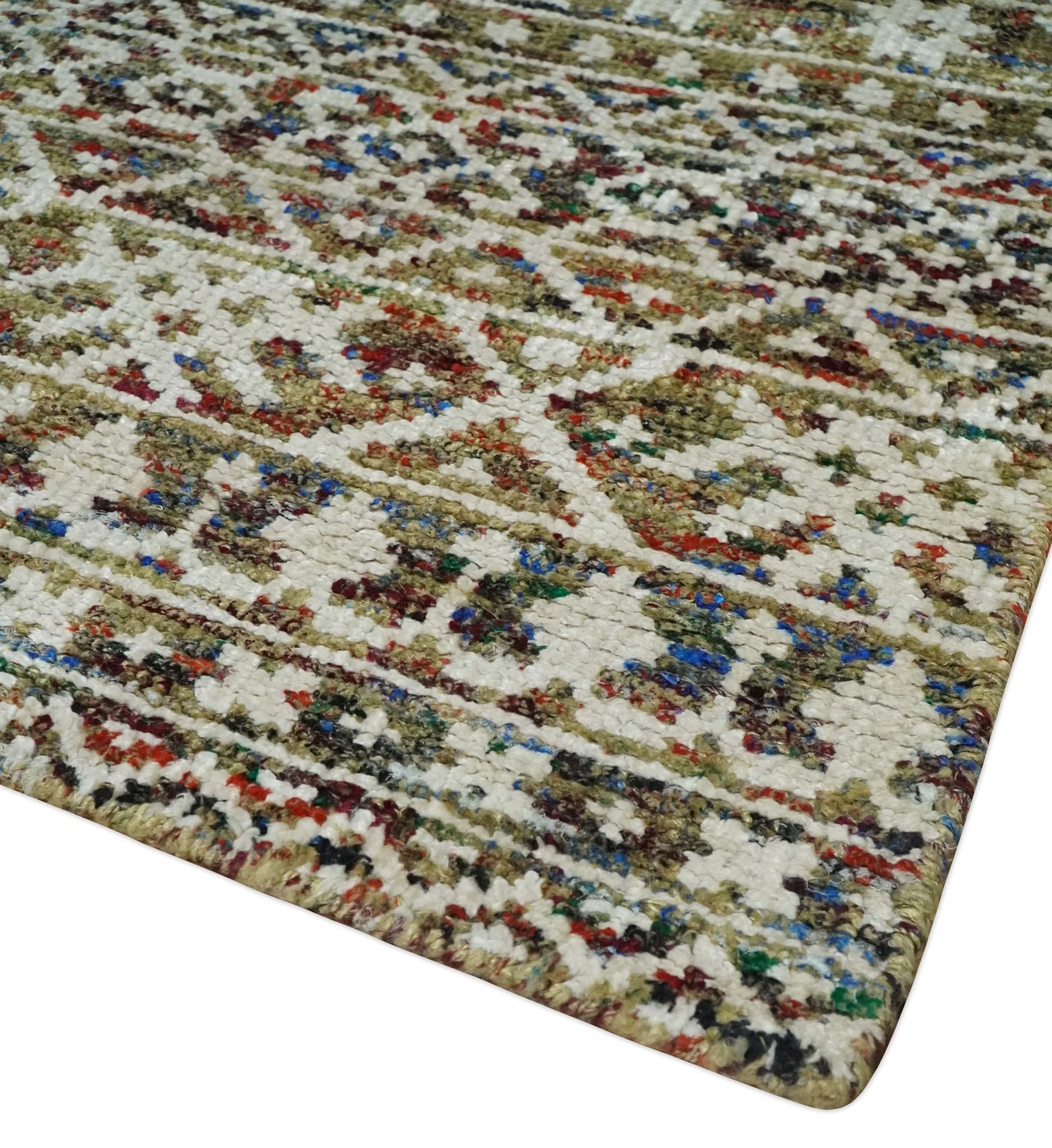 5x8 Hand Knotted Ivory, Olive and Rust Modern Contemporary Southwestern Tribal Trellis Recycled Silk Area Rug | OP121 - Image 5