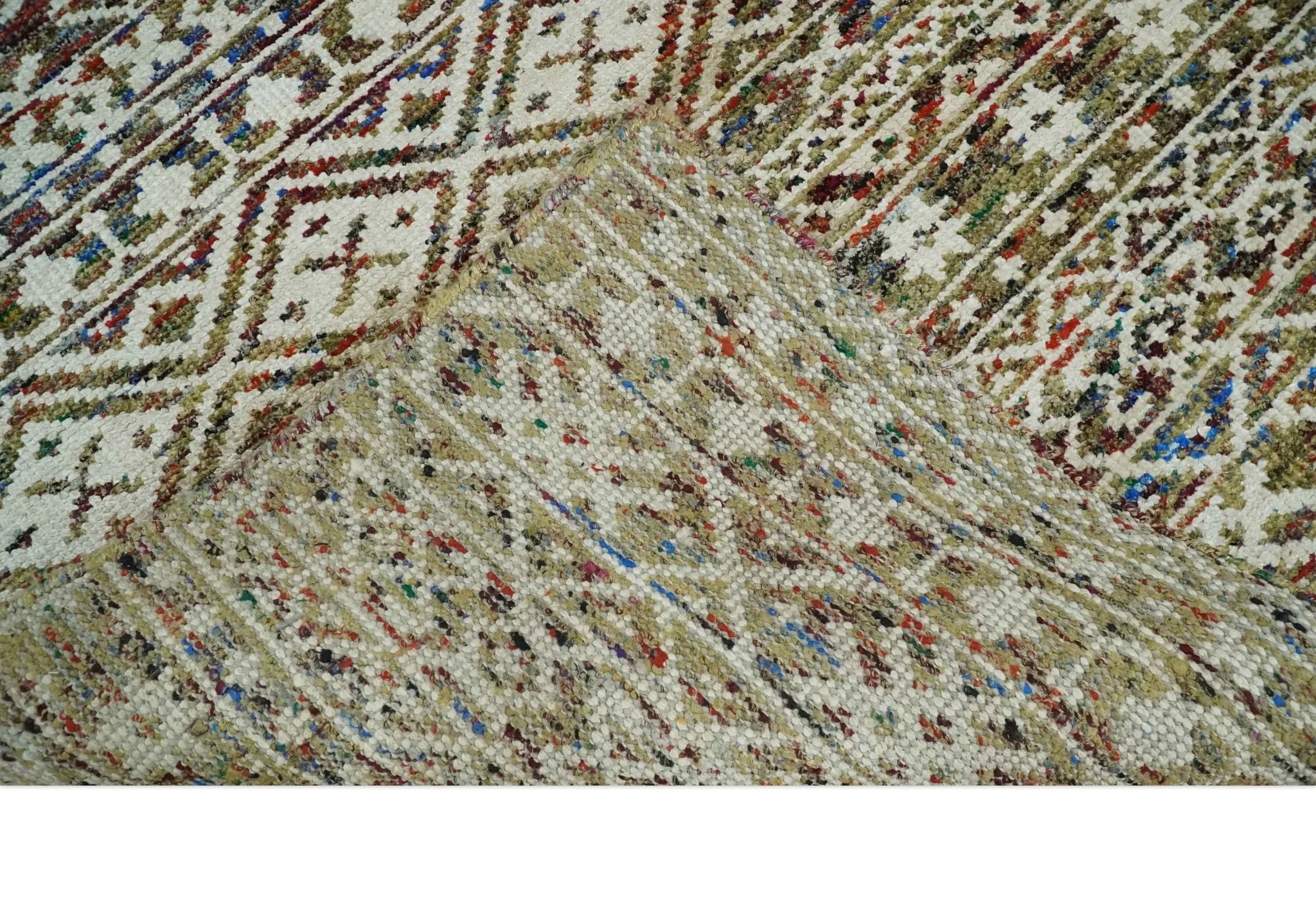 5x8 Hand Knotted Ivory, Olive and Rust Modern Contemporary Southwestern Tribal Trellis Recycled Silk Area Rug | OP121 - Image 6