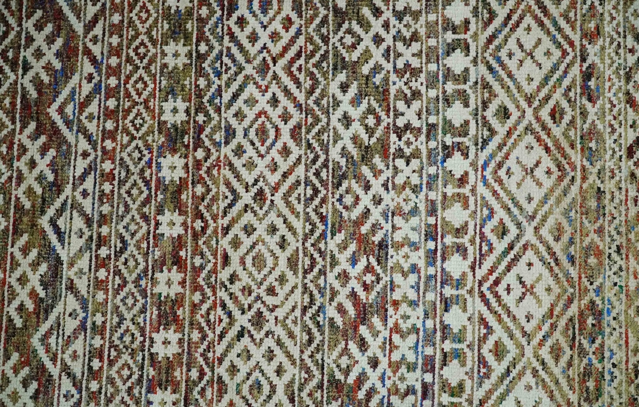 5x8 Hand Knotted Ivory, Olive and Rust Modern Contemporary Southwestern Tribal Trellis Recycled Silk Area Rug | OP121 - Image 9