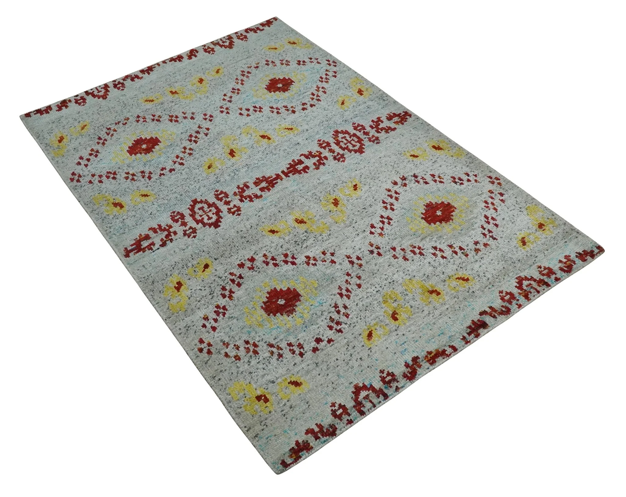 5x8 Hand Knotted Ivory, Red and Yellow Persian made of Recycled Silk Area Rug | OP95 - Image 10