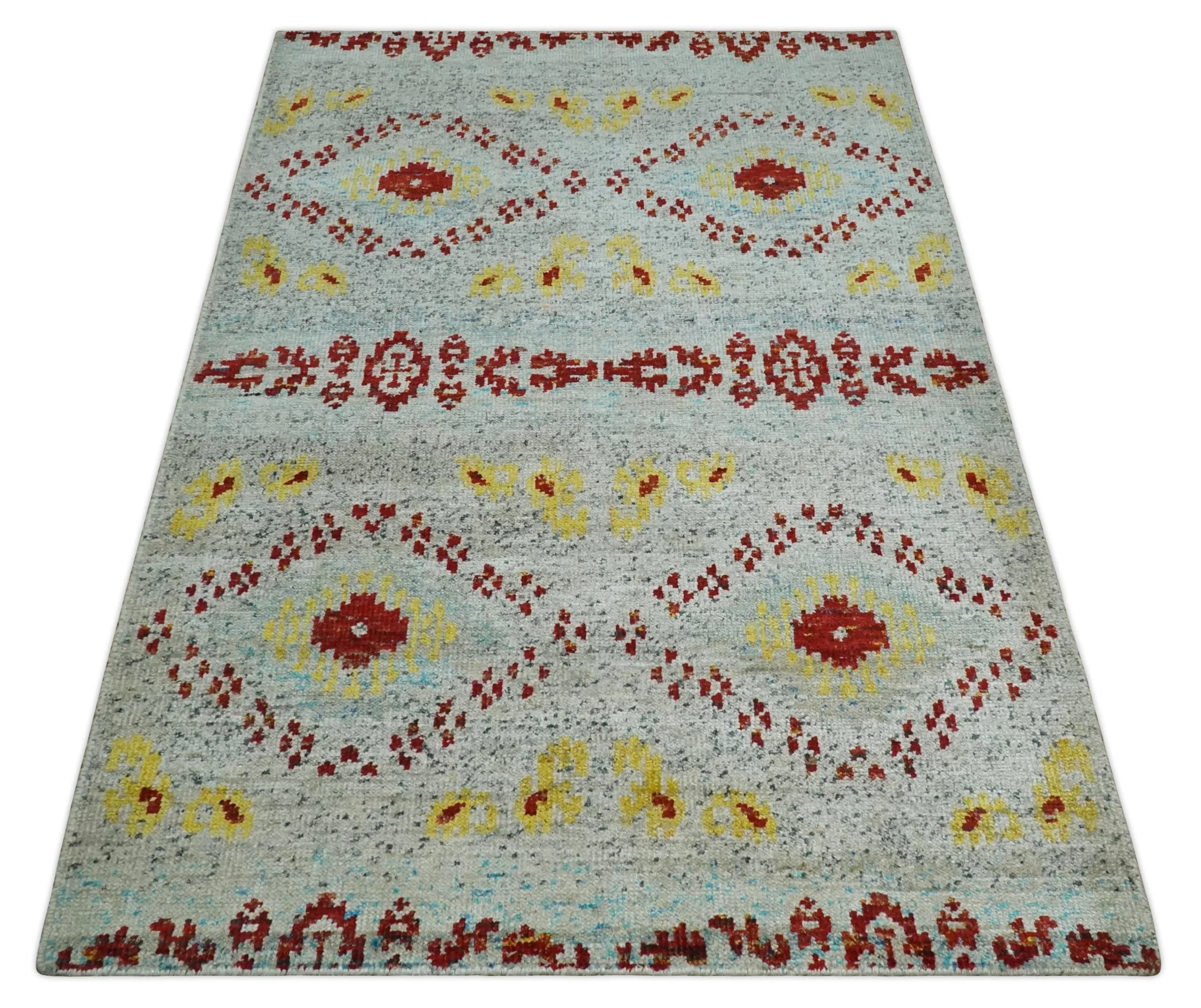 5x8 Hand Knotted Ivory, Red and Yellow Persian made of Recycled Silk Area Rug | OP95 - Image 11