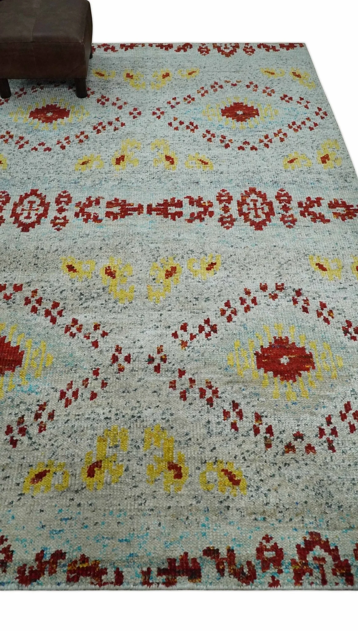 5x8 Hand Knotted Ivory, Red and Yellow Persian made of Recycled Silk Area Rug | OP95 - Image 3