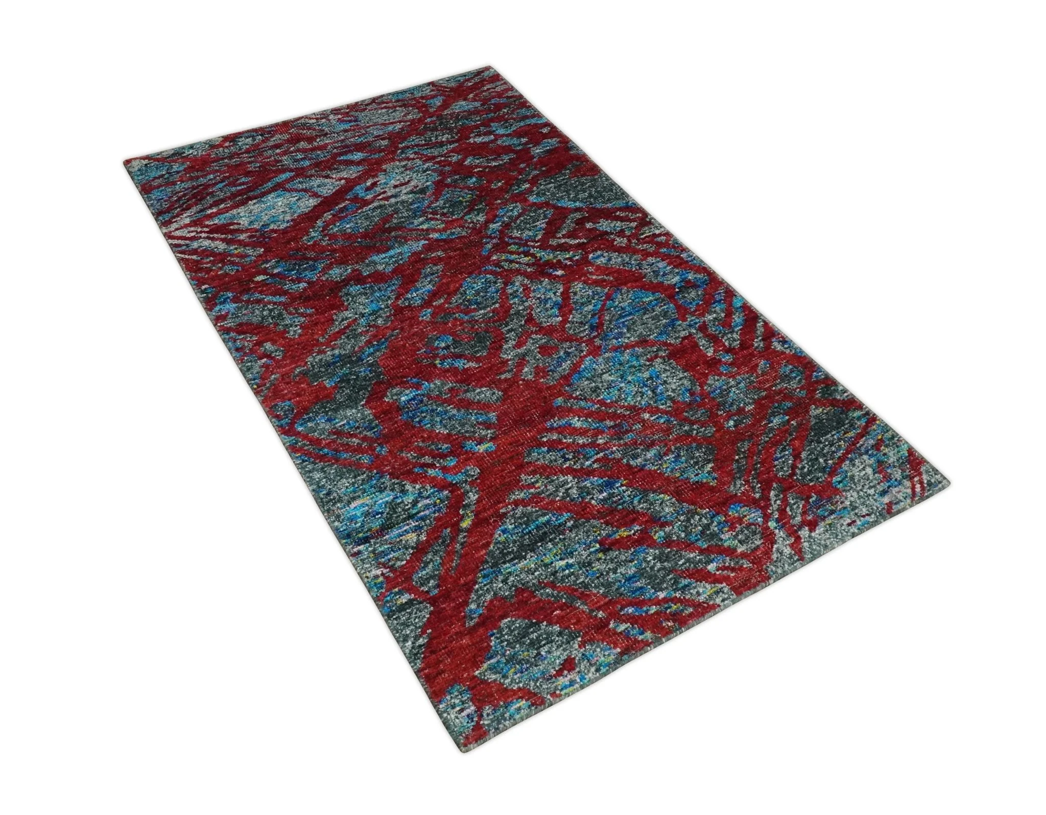 5x8 Hand Knotted Maroon, Gray and Blue Modern Abstract Contemporary Recycled Silk Area Rug | OP128 - Image 10