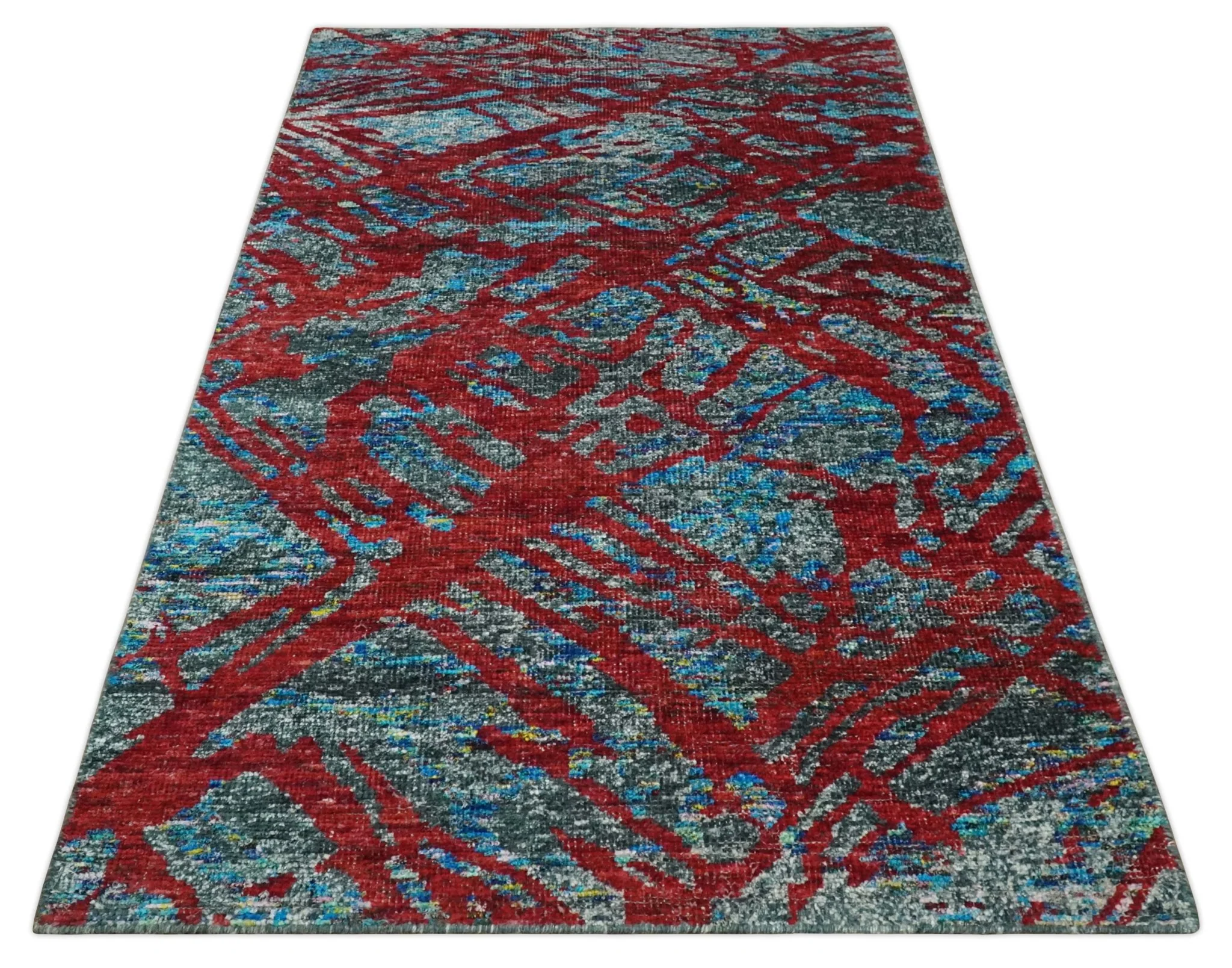 5x8 Hand Knotted Maroon, Gray and Blue Modern Abstract Contemporary Recycled Silk Area Rug | OP128 - Image 11