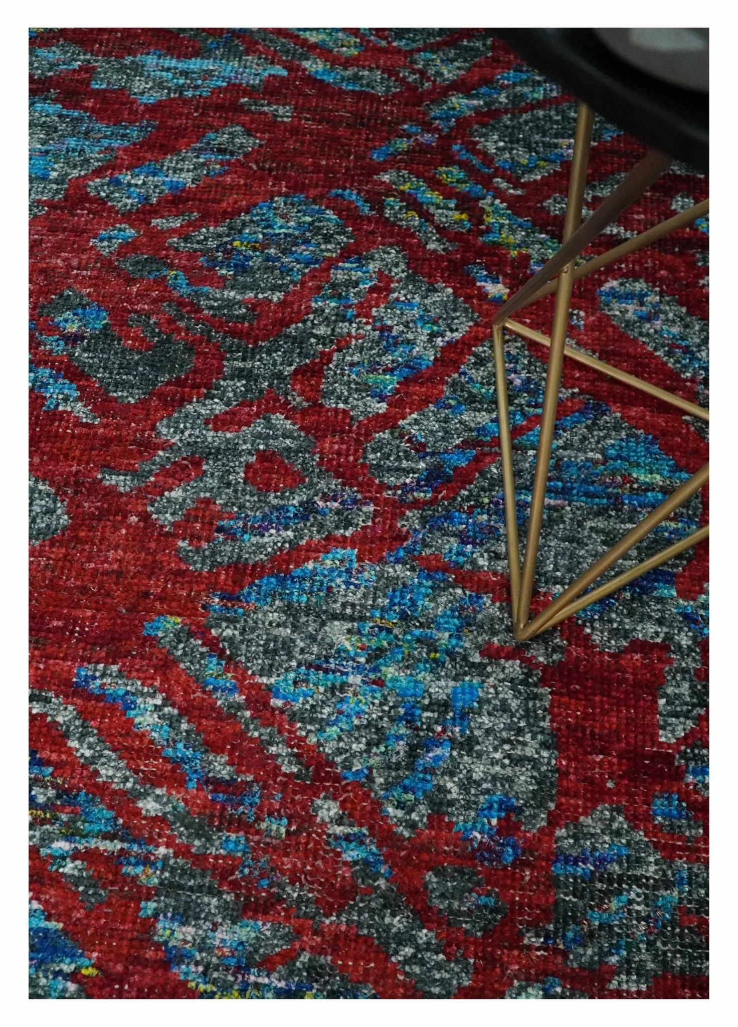 5x8 Hand Knotted Maroon, Gray and Blue Modern Abstract Contemporary Recycled Silk Area Rug | OP128 - Image 2