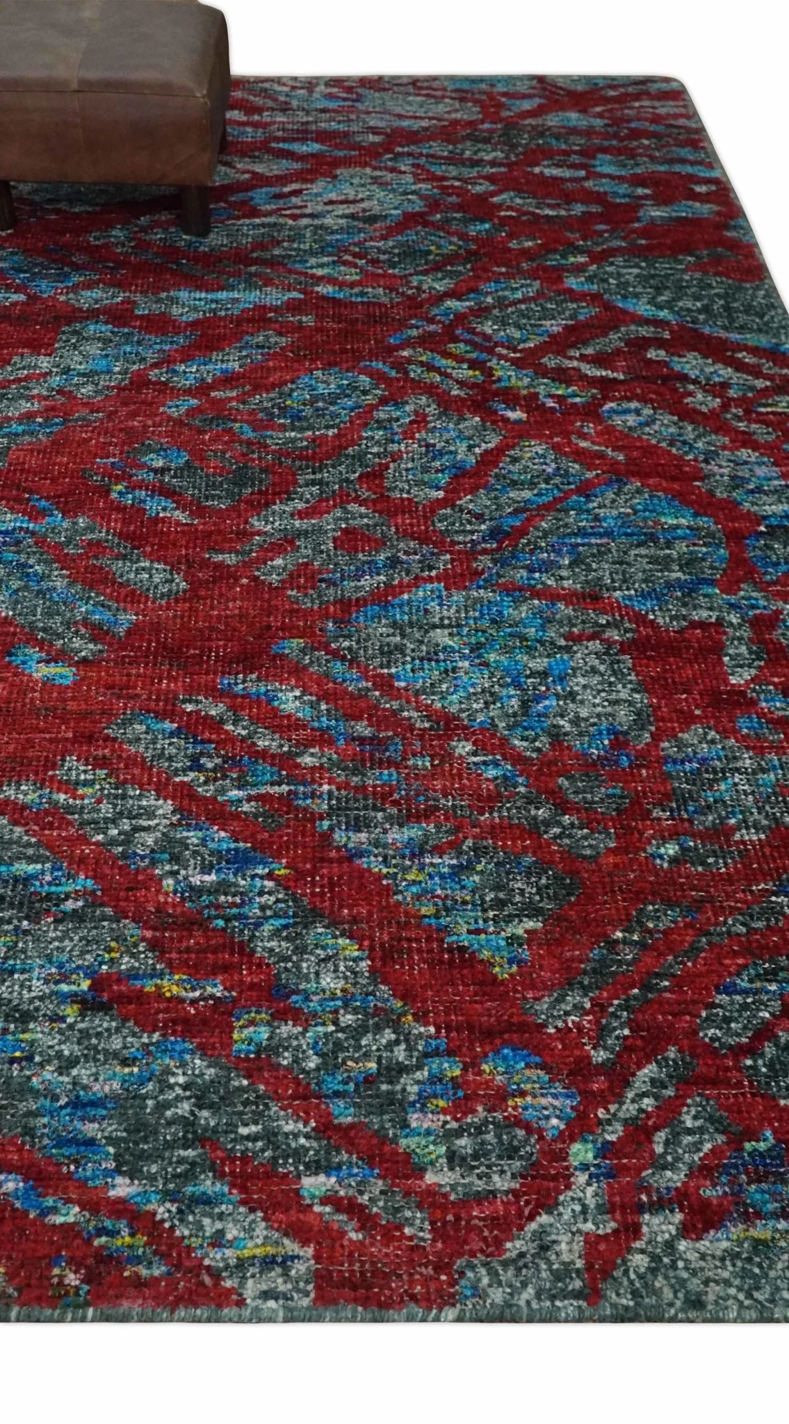 5x8 Hand Knotted Maroon, Gray and Blue Modern Abstract Contemporary Recycled Silk Area Rug | OP128 - Image 3