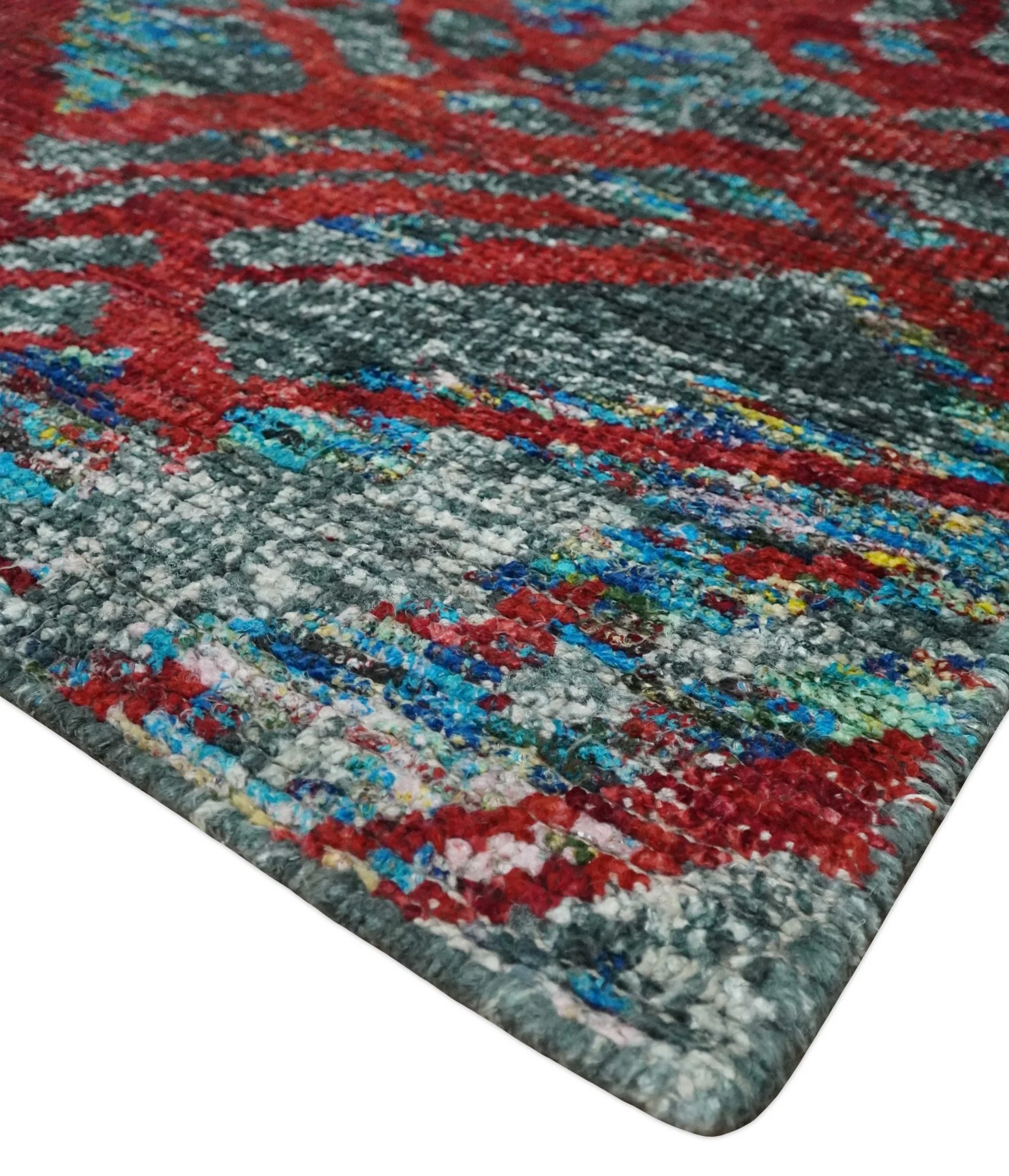 5x8 Hand Knotted Maroon, Gray and Blue Modern Abstract Contemporary Recycled Silk Area Rug | OP128 - Image 5