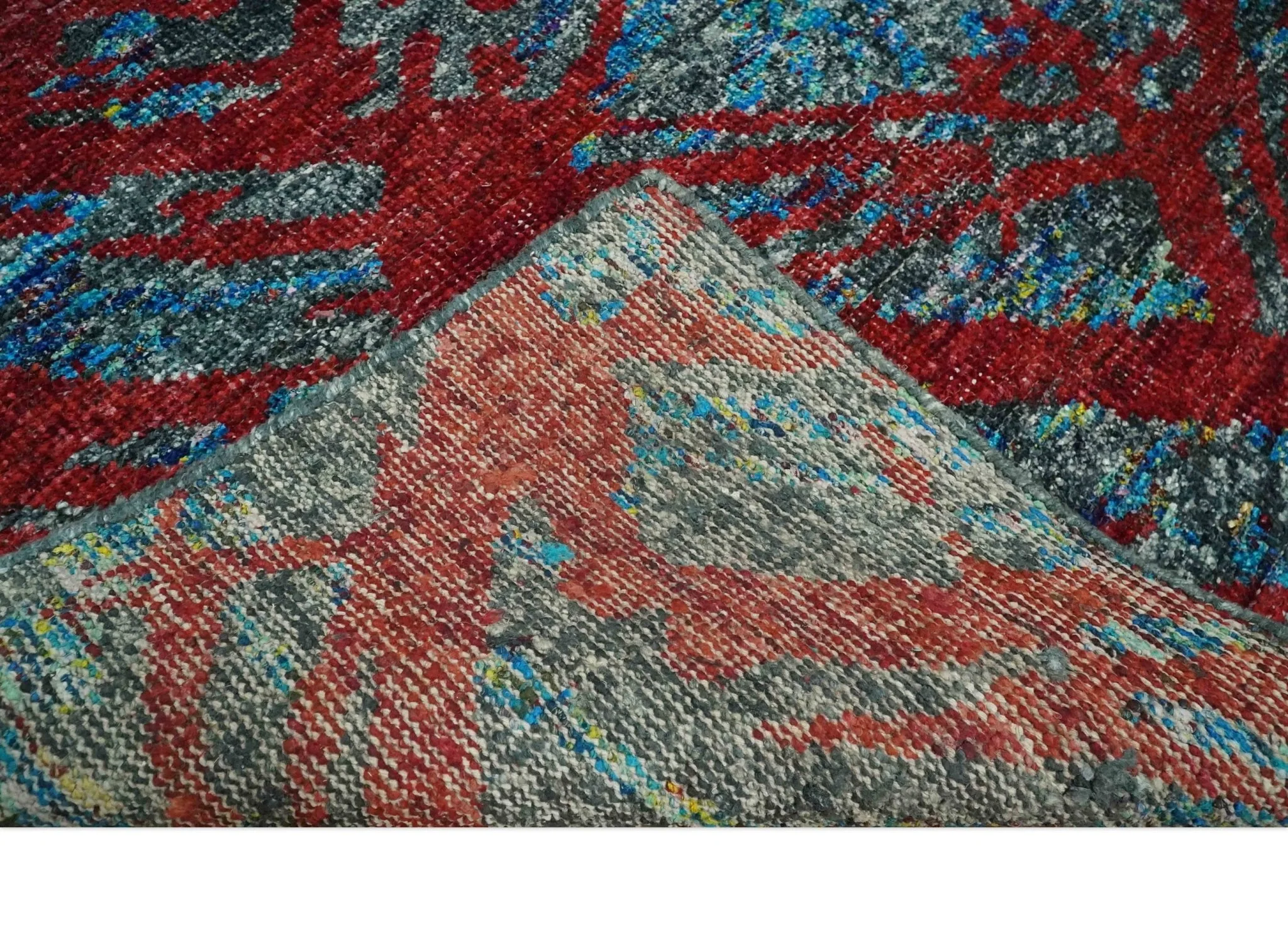5x8 Hand Knotted Maroon, Gray and Blue Modern Abstract Contemporary Recycled Silk Area Rug | OP128 - Image 7