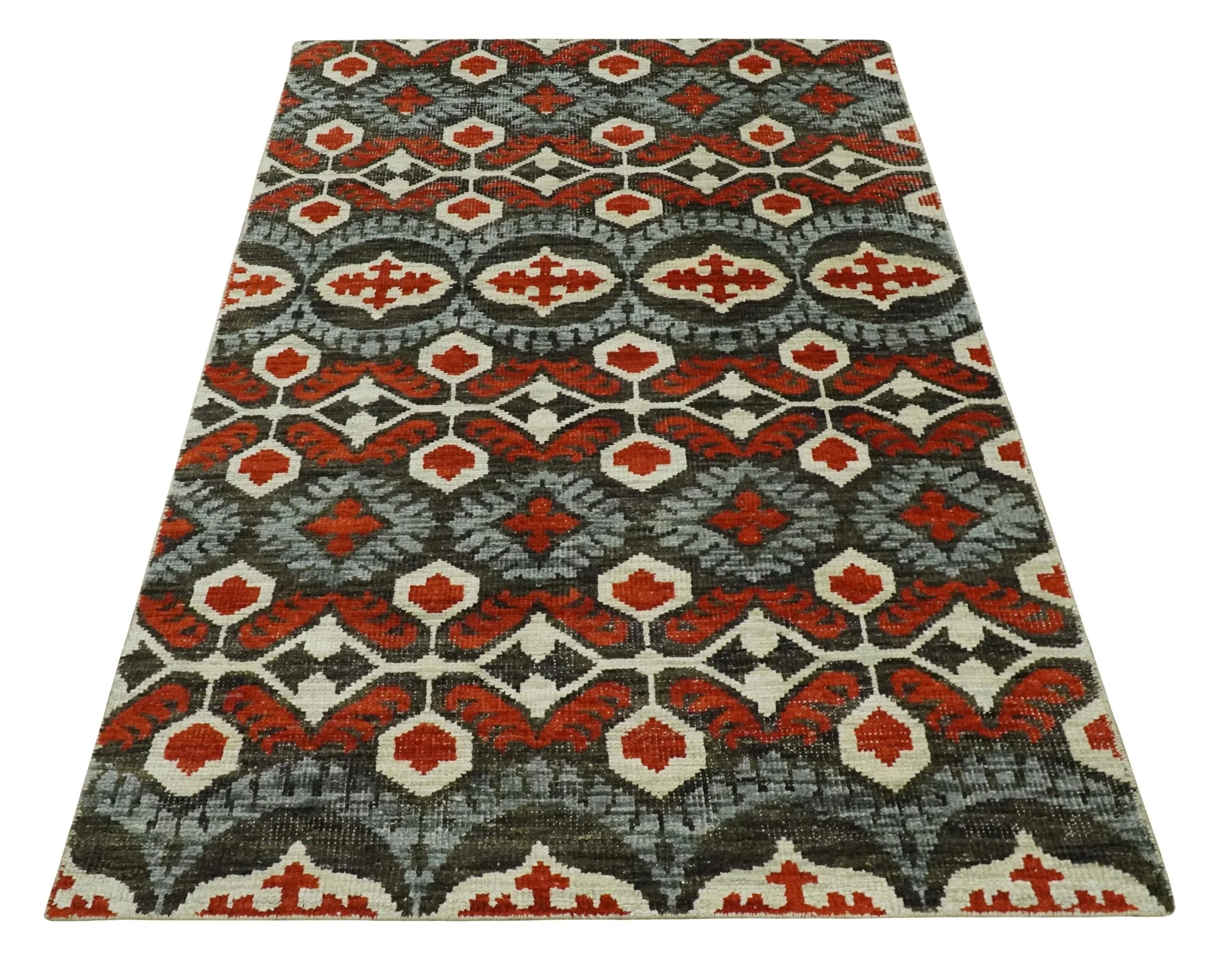 5x8 Hand Knotted Moss Green, Ivory and Rust Antique Persian Style Contemporary Recycled Silk Area Rug | OP83 - Image 11