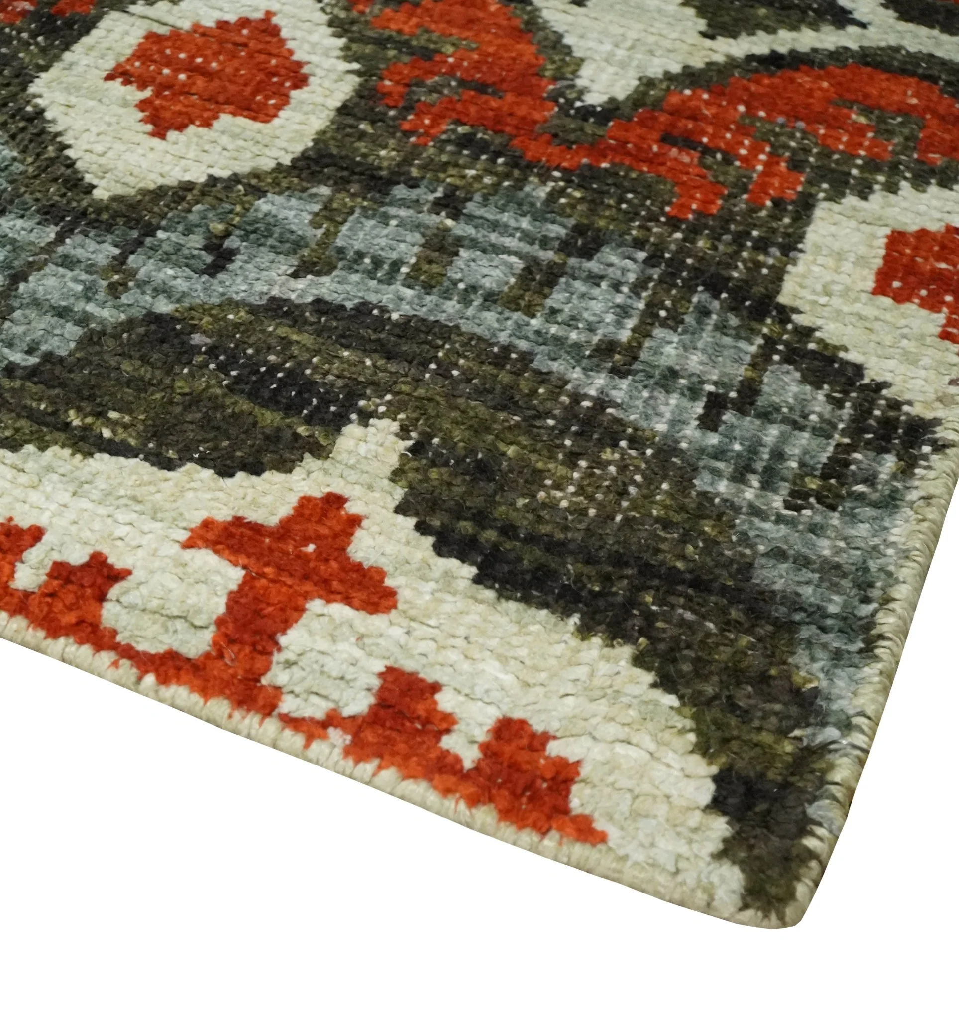 5x8 Hand Knotted Moss Green, Ivory and Rust Antique Persian Style Contemporary Recycled Silk Area Rug | OP83 - Image 3