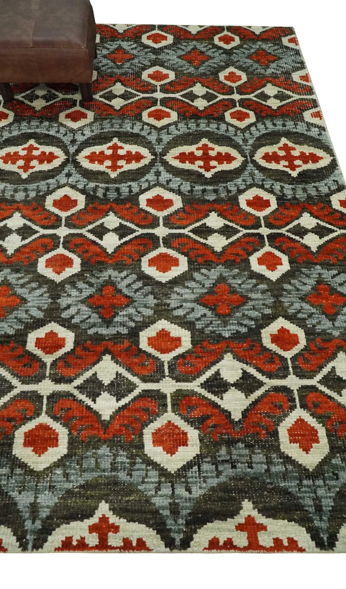 5x8 Hand Knotted Moss Green, Ivory and Rust Antique Persian Style Contemporary Recycled Silk Area Rug | OP83 - Image 4