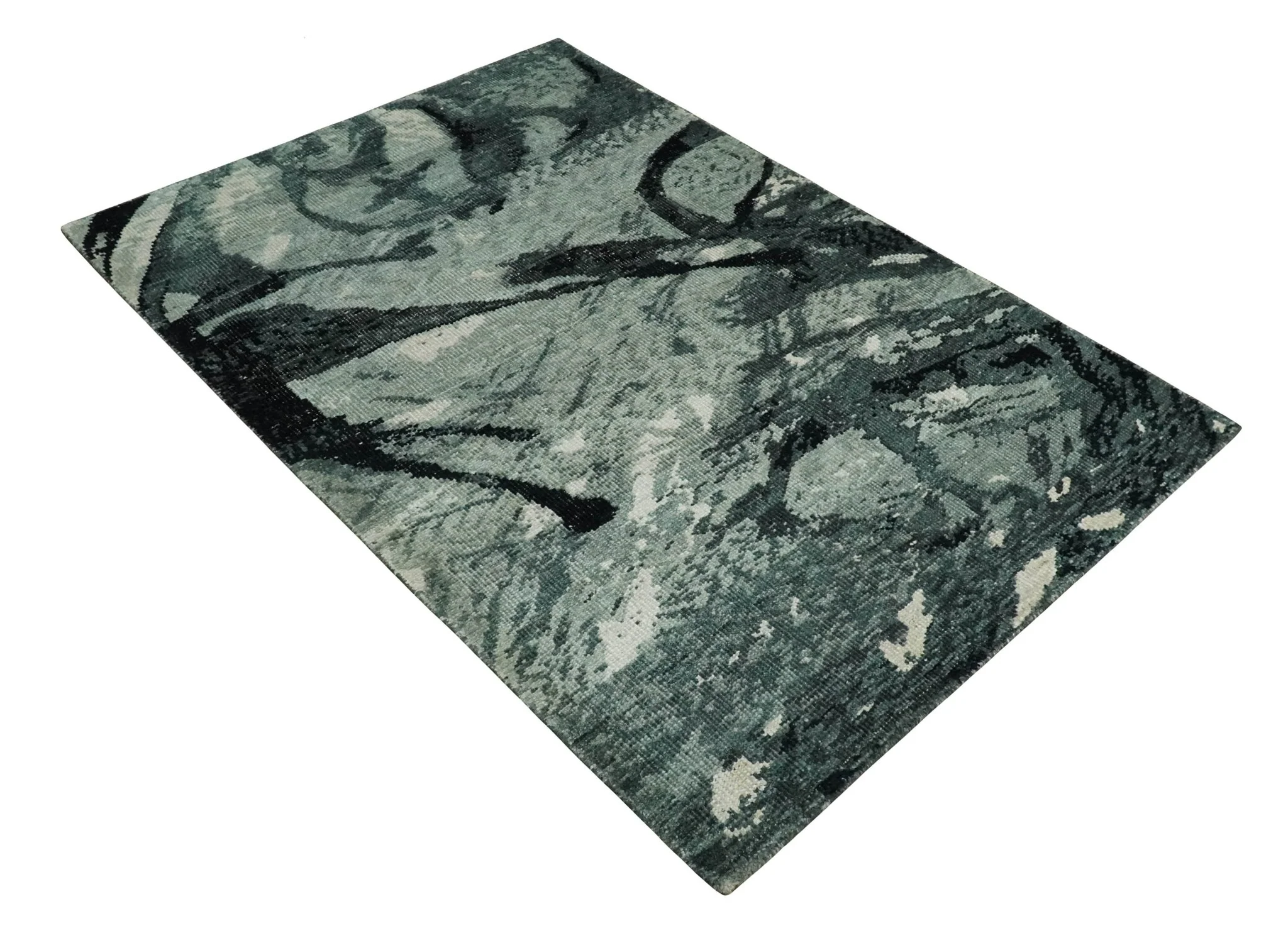 5x8 Hand Knotted Teal, Black and Ivory Antique Persian Style Contemporary Bamboo Silk Area Rug | OP75 - Image 10