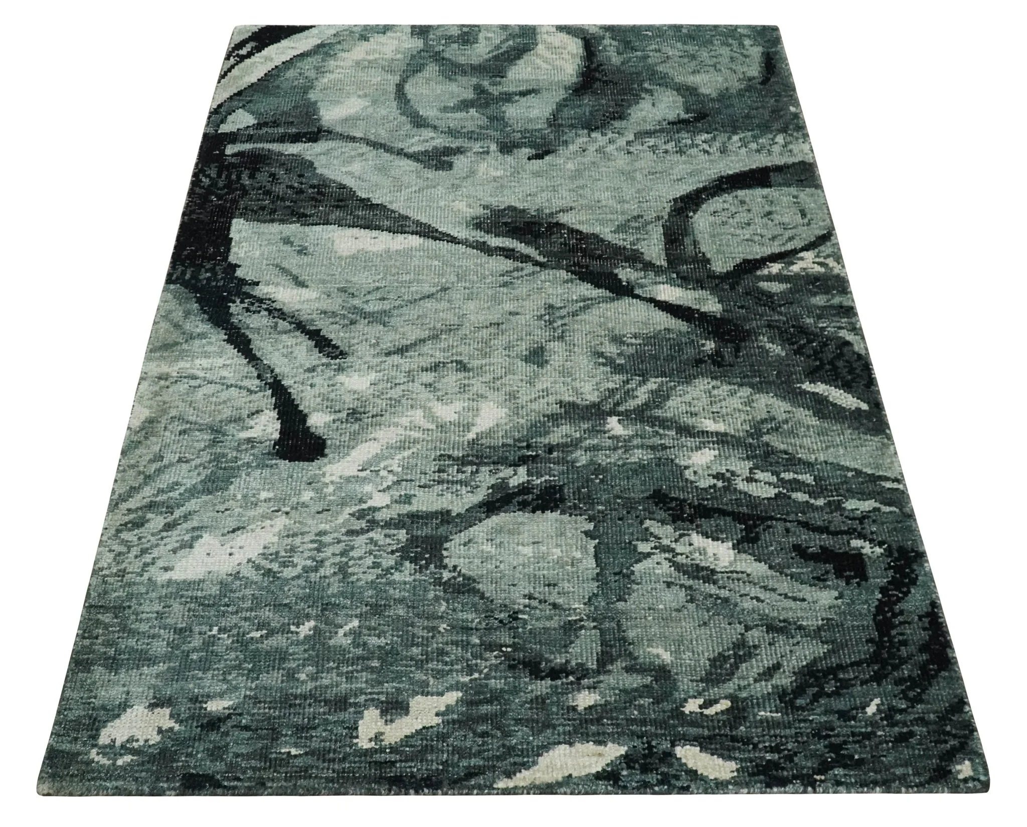 5x8 Hand Knotted Teal, Black and Ivory Antique Persian Style Contemporary Bamboo Silk Area Rug | OP75 - Image 11