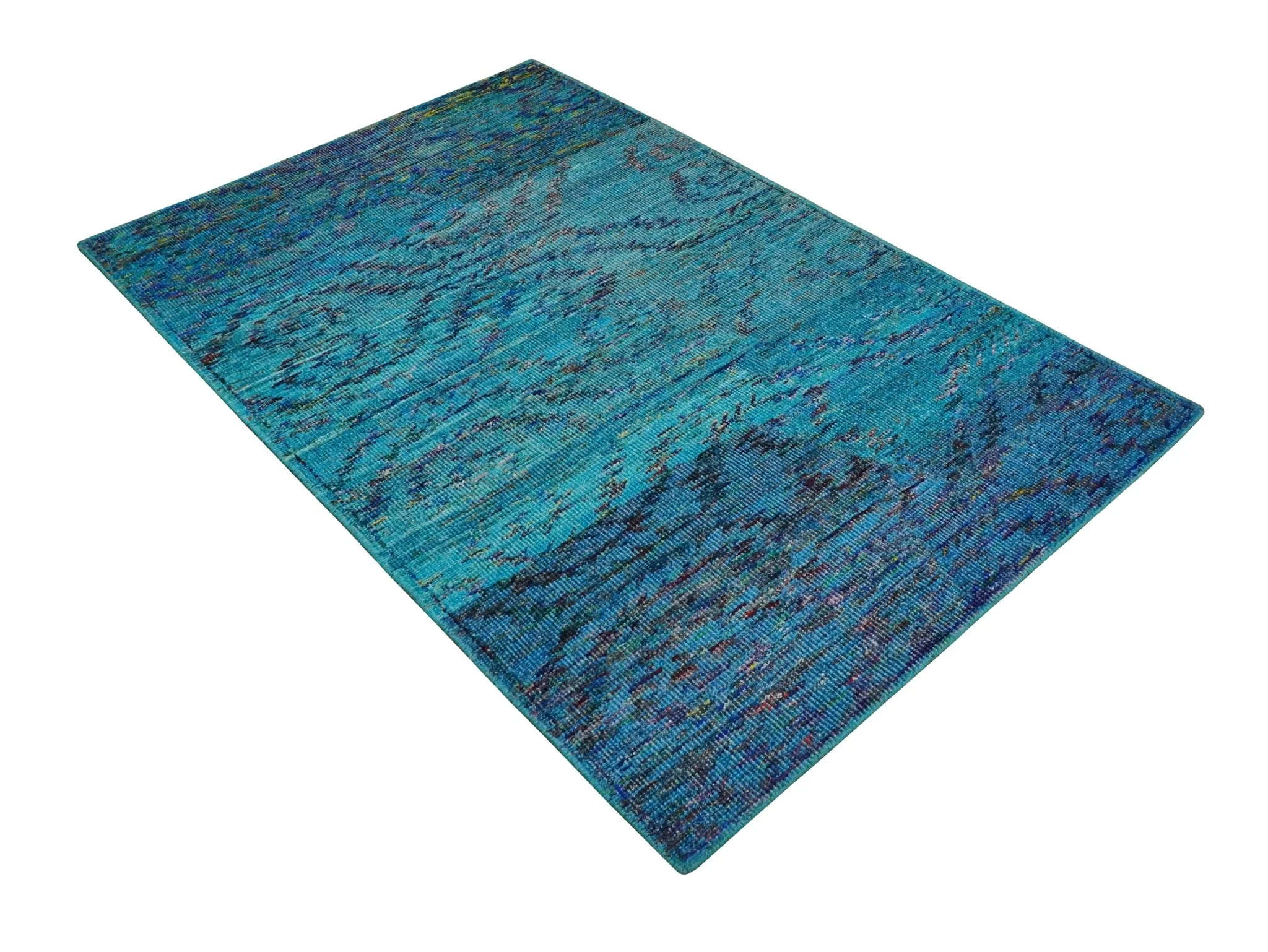 5x8 Hand Knotted Teal Blue and Violet Modern Contemporary Southwestern Tribal Trellis Recycled Silk Area Rug | OP112 - Image 10