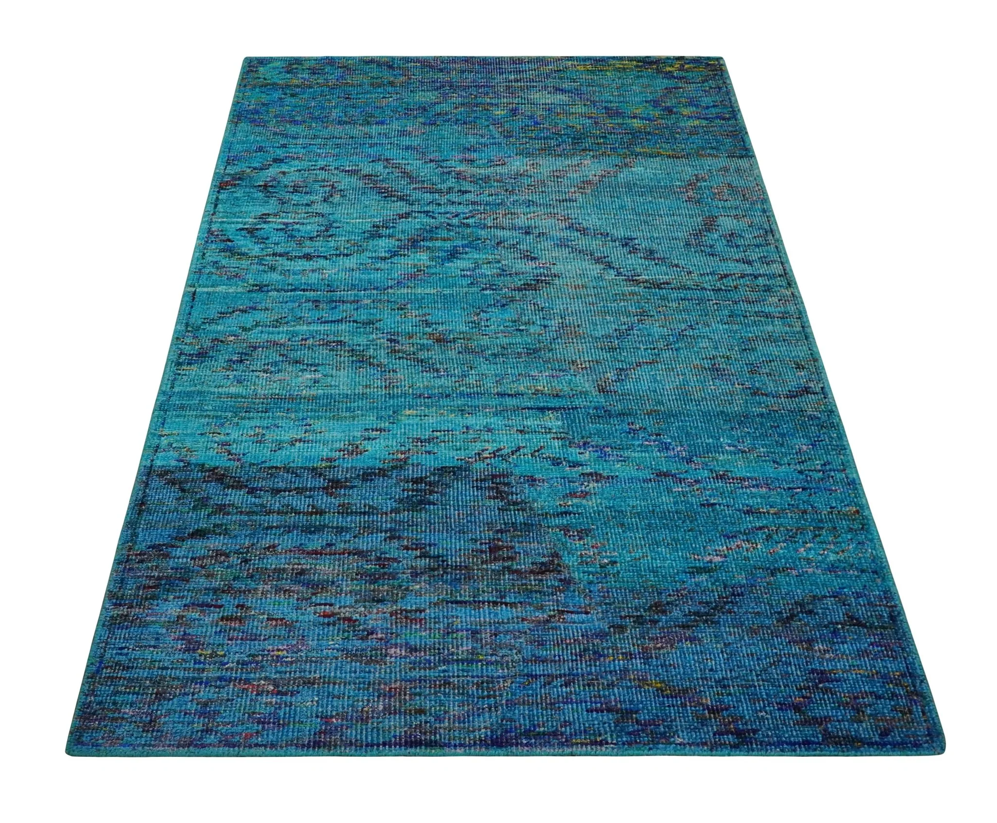 5x8 Hand Knotted Teal Blue and Violet Modern Contemporary Southwestern Tribal Trellis Recycled Silk Area Rug | OP112 - Image 11