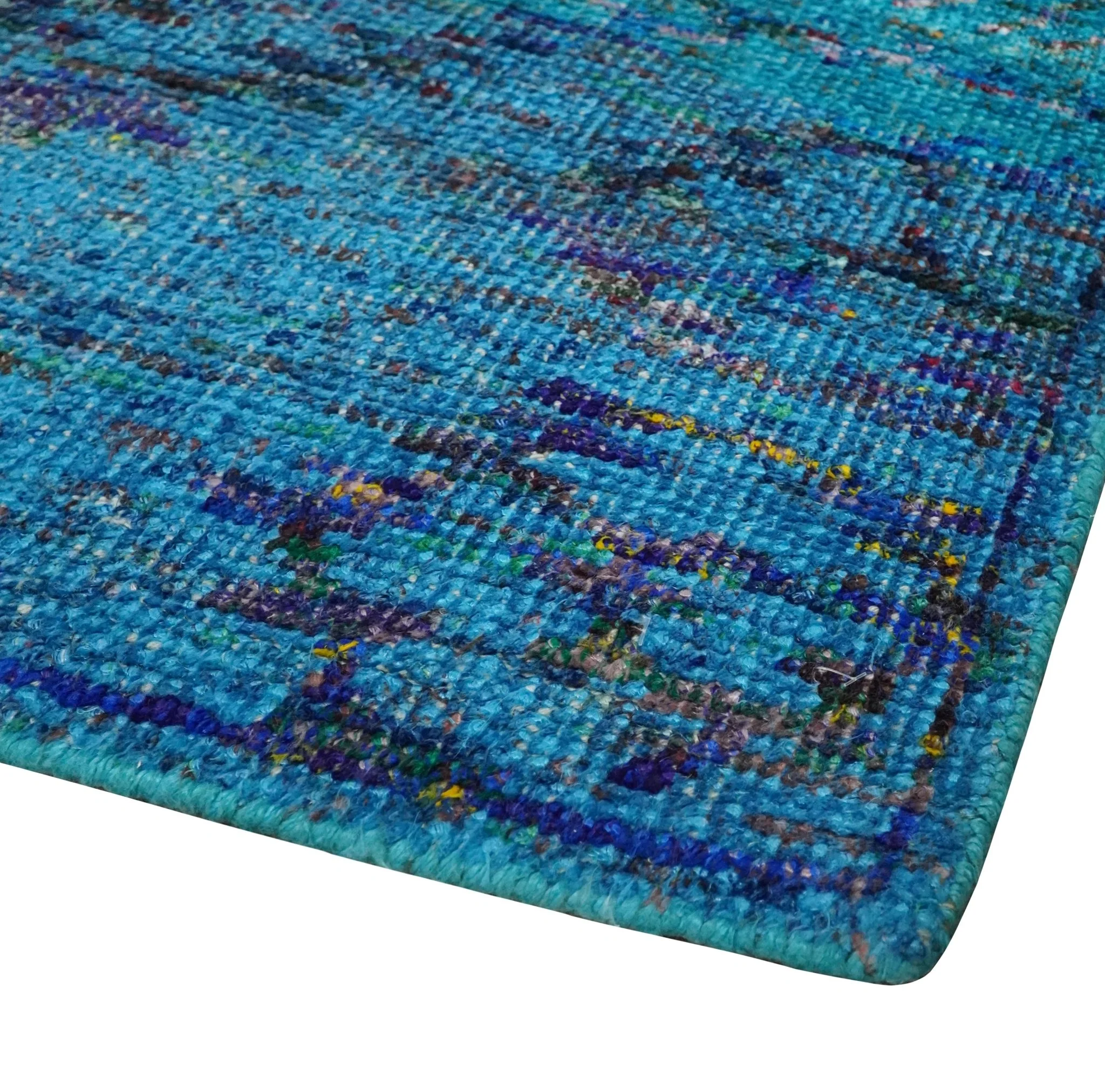 5x8 Hand Knotted Teal Blue and Violet Modern Contemporary Southwestern Tribal Trellis Recycled Silk Area Rug | OP112 - Image 3