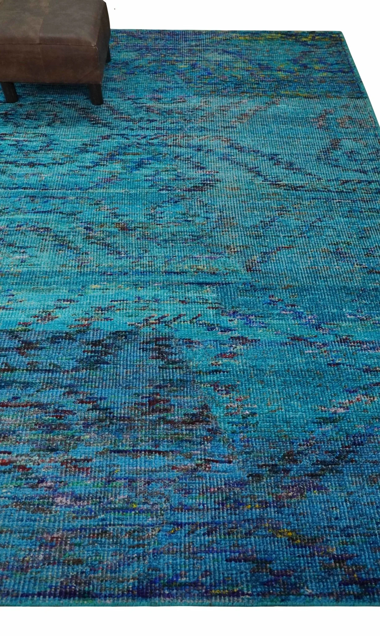 5x8 Hand Knotted Teal Blue and Violet Modern Contemporary Southwestern Tribal Trellis Recycled Silk Area Rug | OP112 - Image 5