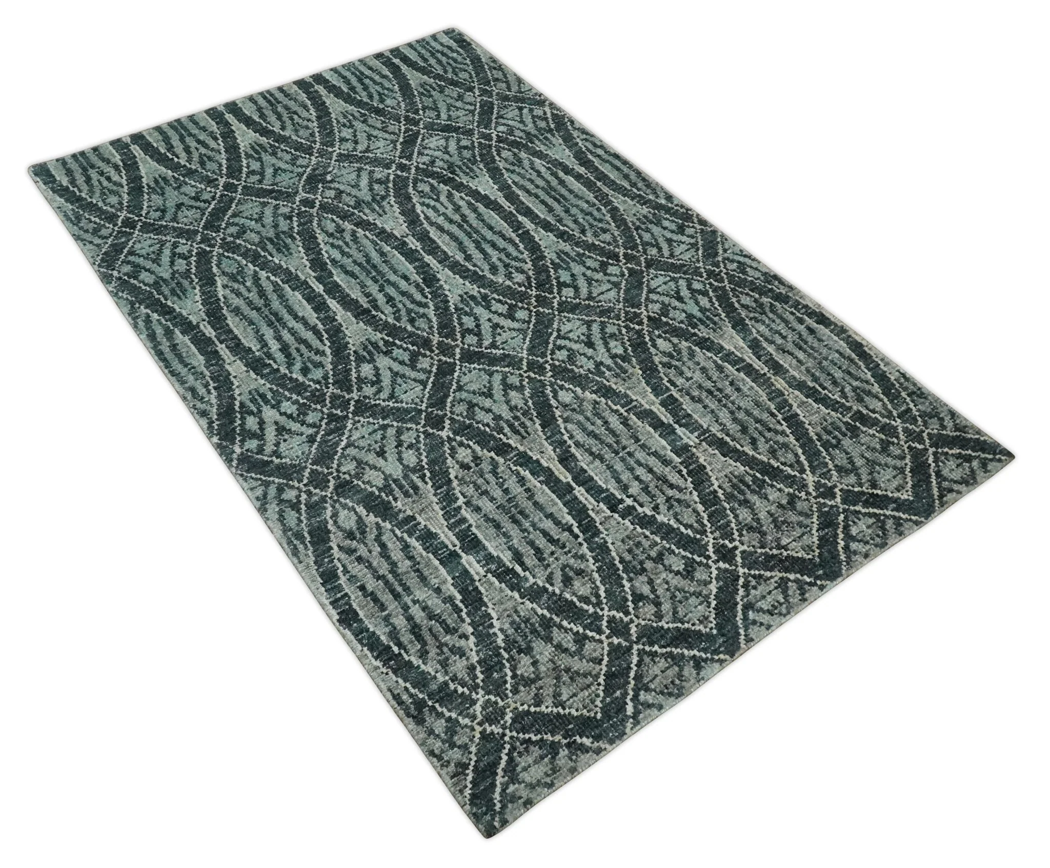 5x8 Hand Knotted Teal, Ivory and Blue Modern Style Contemporary Recycled Silk Area Rug | OP109 - Image 10