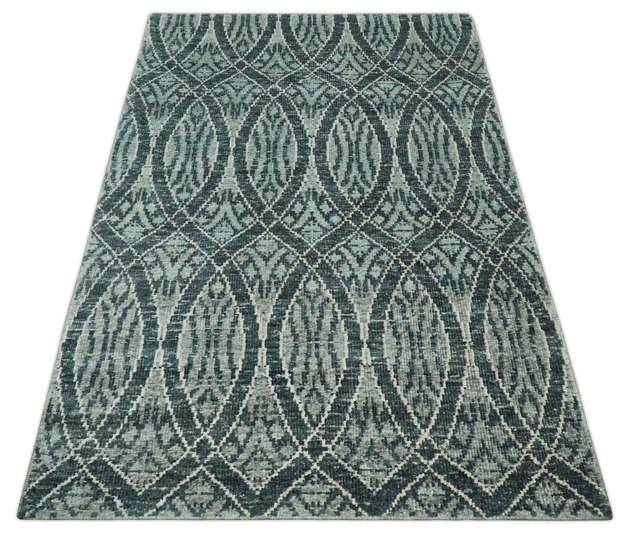 5x8 Hand Knotted Teal, Ivory and Blue Modern Style Contemporary Recycled Silk Area Rug | OP109 - Image 11
