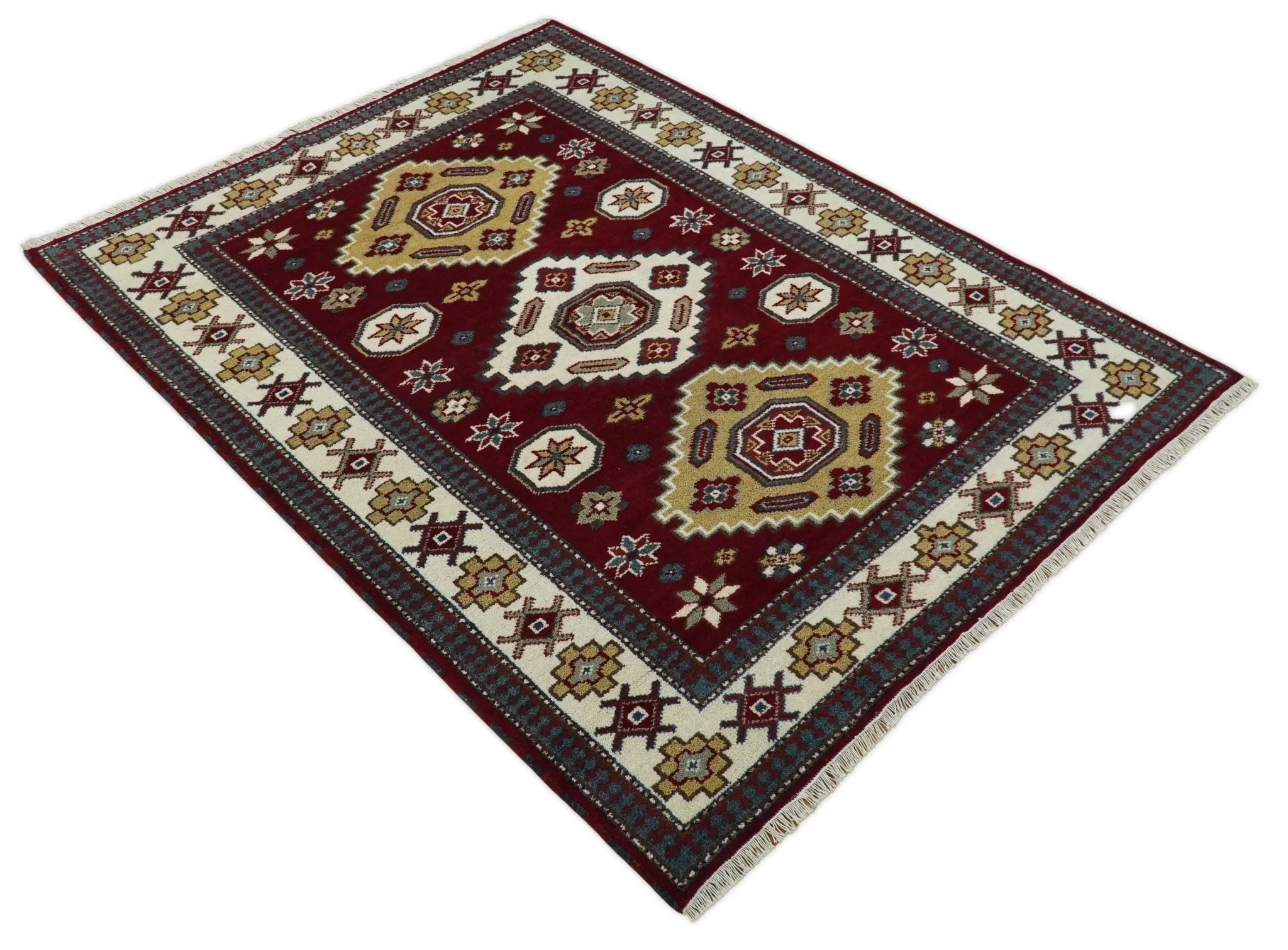 6x8 Hand Knotted Antique Kazak Red and Ivory Traditional Tribal Armenian Rug | KZA14 - Image 11