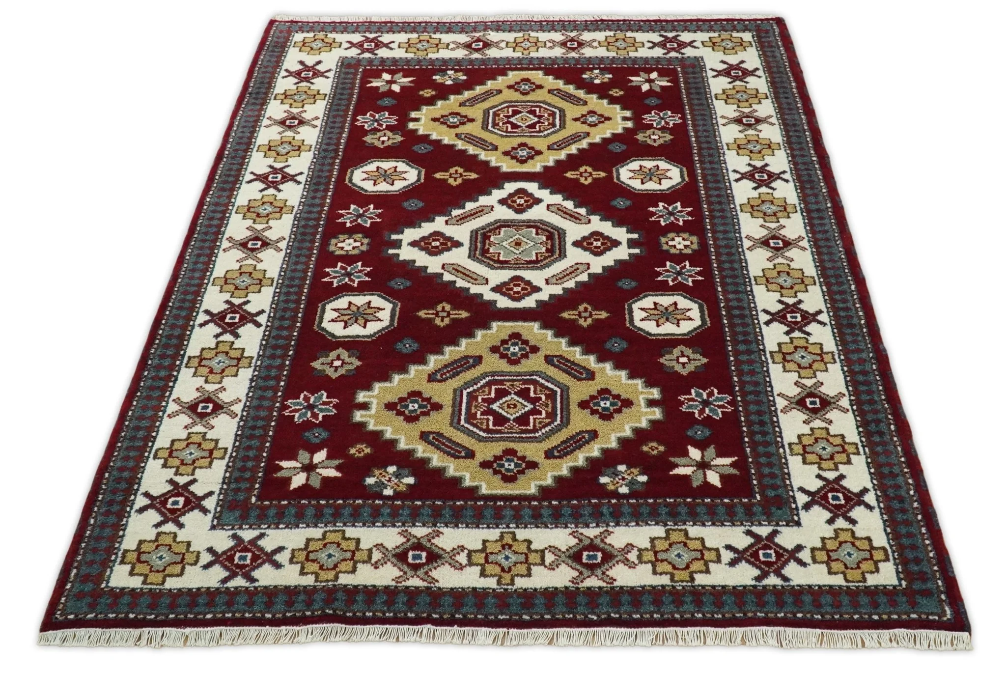 6x8 Hand Knotted Antique Kazak Red and Ivory Traditional Tribal Armenian Rug | KZA14 - Image 12