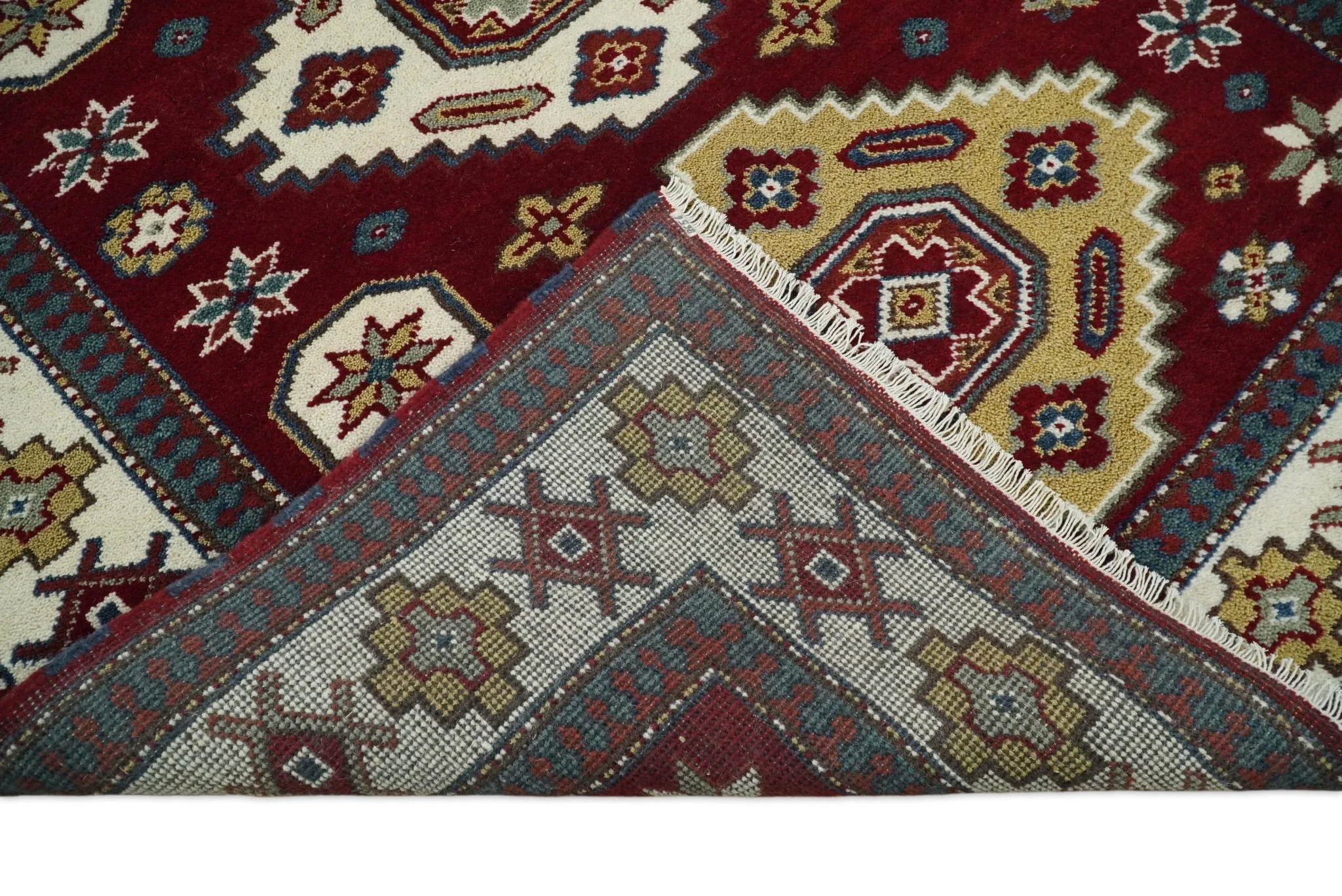 6x8 Hand Knotted Antique Kazak Red and Ivory Traditional Tribal Armenian Rug | KZA14 - Image 9