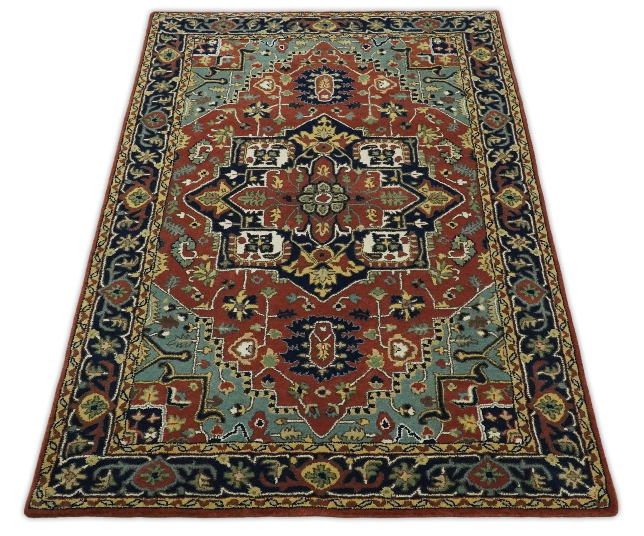 5x8 Handmade Rust and Blue made with fine wool Area Rug |  TRDCP11858 - Image 10