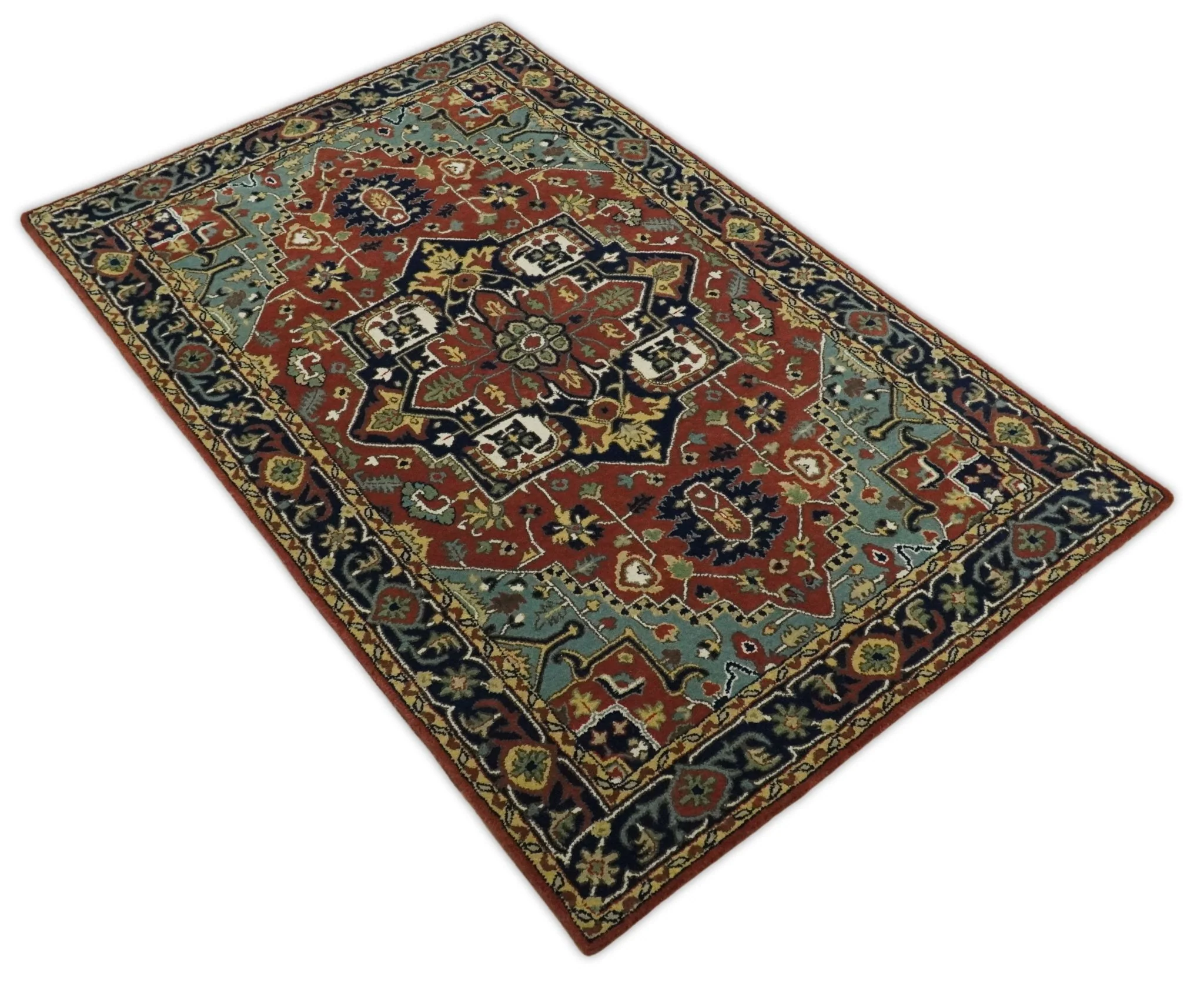 5x8 Handmade Rust and Blue made with fine wool Area Rug |  TRDCP11858 - Image 3
