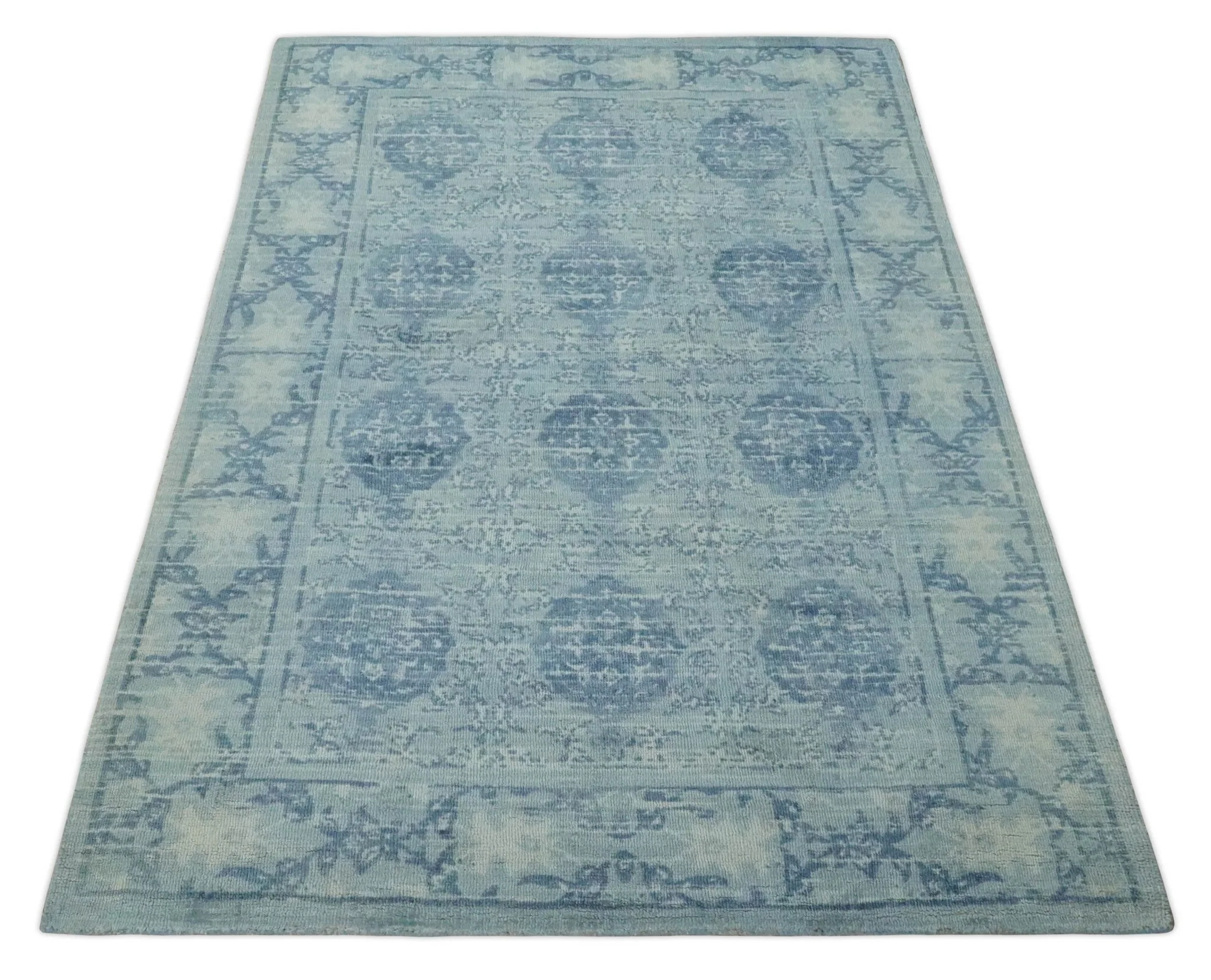 5x8 Ivory and Blue Traditional Ikat design Hand Tufted Wool Area Rug - Image 10