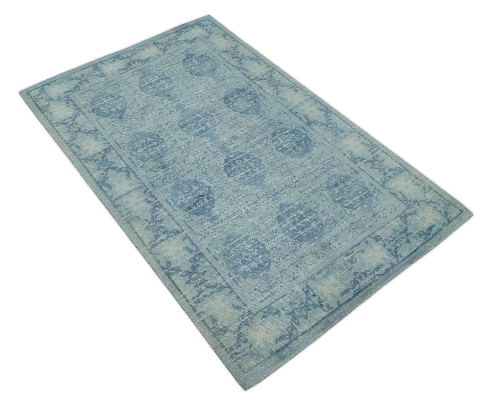 5x8 Ivory and Blue Traditional Ikat design Hand Tufted Wool Area Rug - Image 9