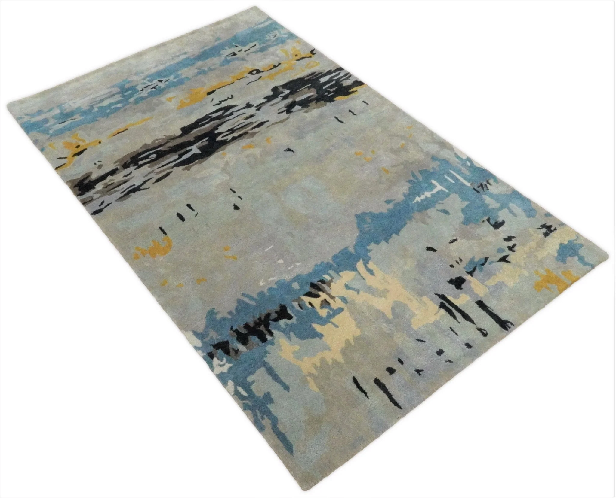 5x8 Blue and Silver Abstract Handmade Wool and Art Silk Area Rug - Image 4