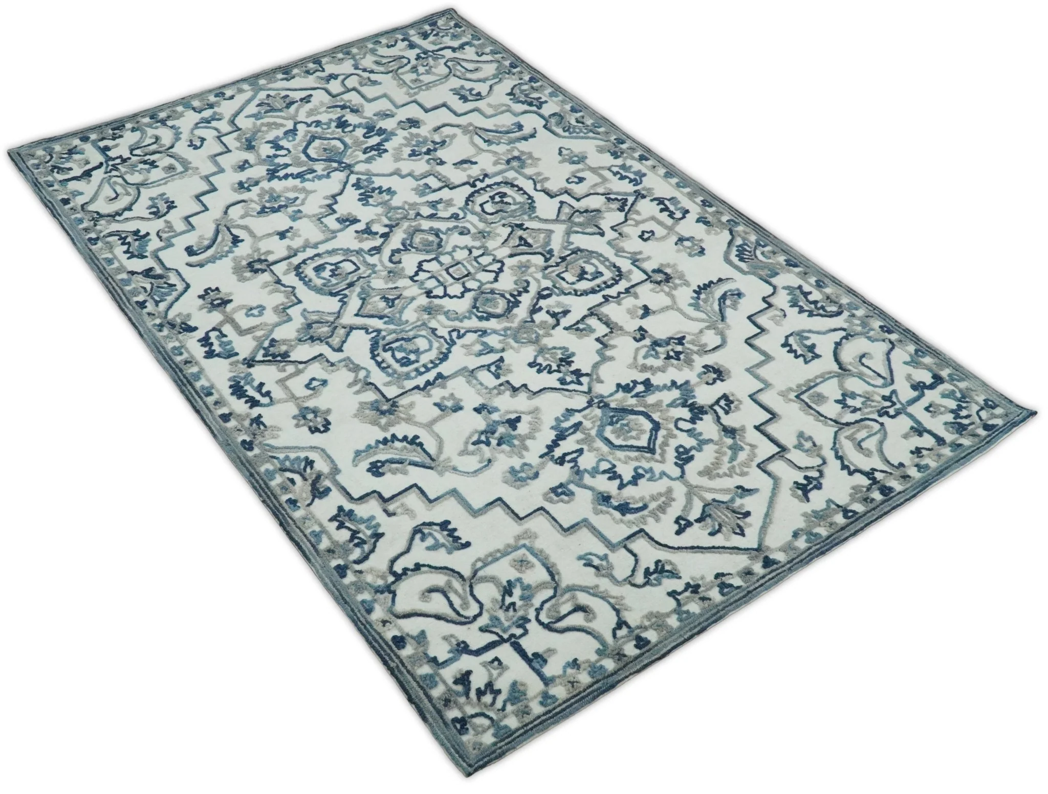 5x8 Hand Hooked Blue and Silver Wool Textured Loop Area Rug | GAR1 - Image 5
