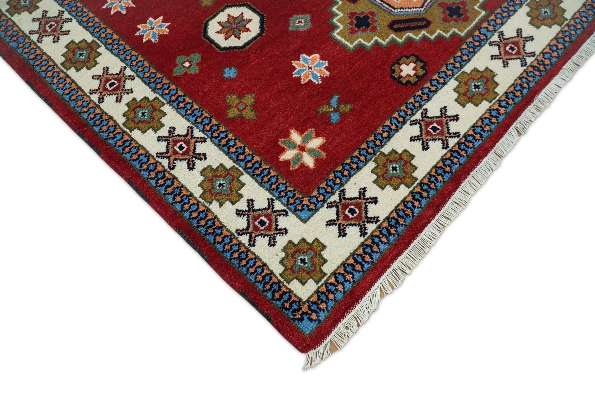 6x6 Square Hand Knotted Antique Kazak Red and Ivory Traditional Tribal Armenian Rug | KZA15 - Image 3