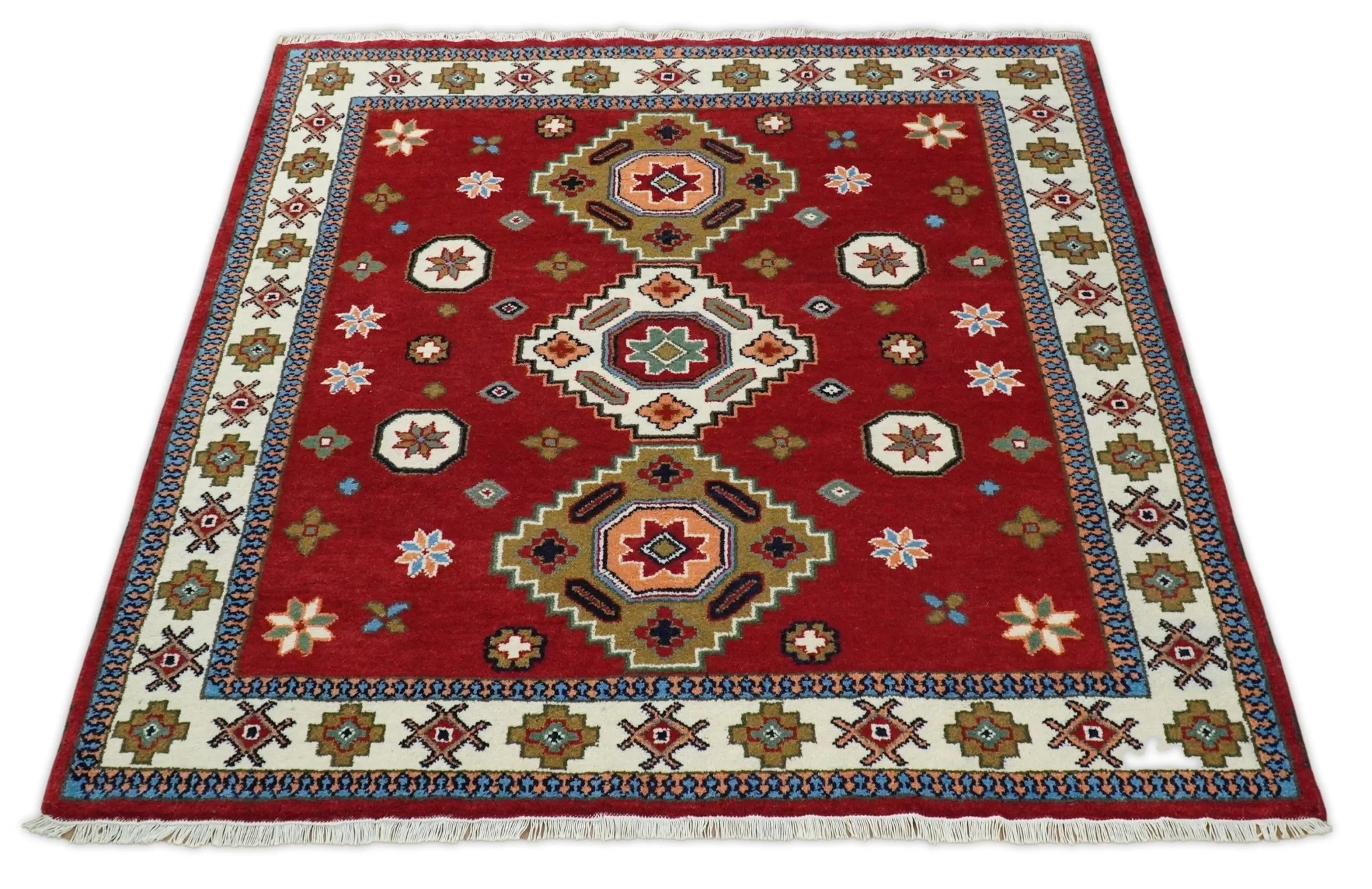 6x6 Square Hand Knotted Antique Kazak Red and Ivory Traditional Tribal Armenian Rug | KZA15 - Image 4