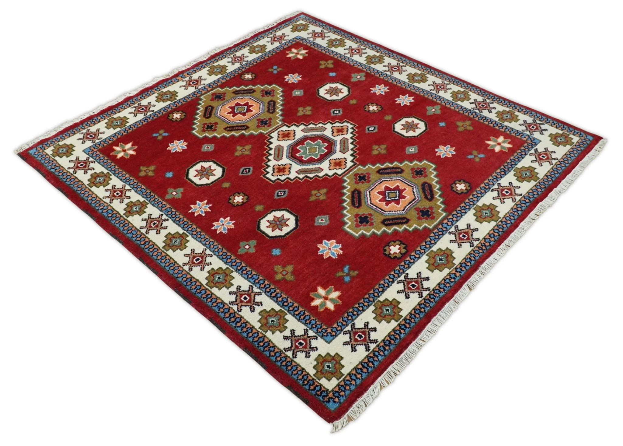 6x6 Square Hand Knotted Antique Kazak Red and Ivory Traditional Tribal Armenian Rug | KZA15 - Image 6