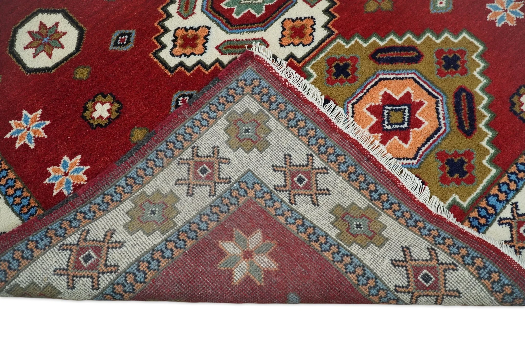 6x6 Square Hand Knotted Antique Kazak Red and Ivory Traditional Tribal Armenian Rug | KZA15 - Image 9