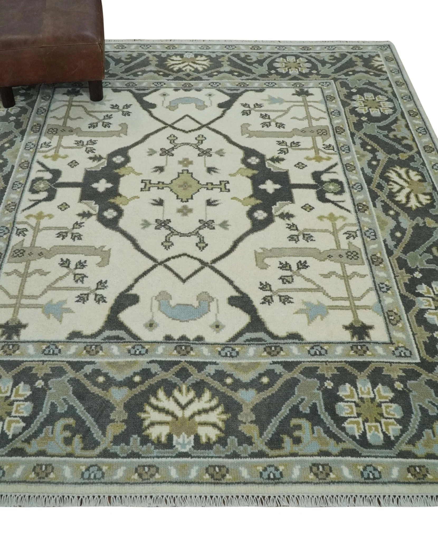 6x6 Square Hand Knotted Oriental Oushak Ivory, Charcoal and Olive Wool Area Rug | TRDCP153266SS - Image 3