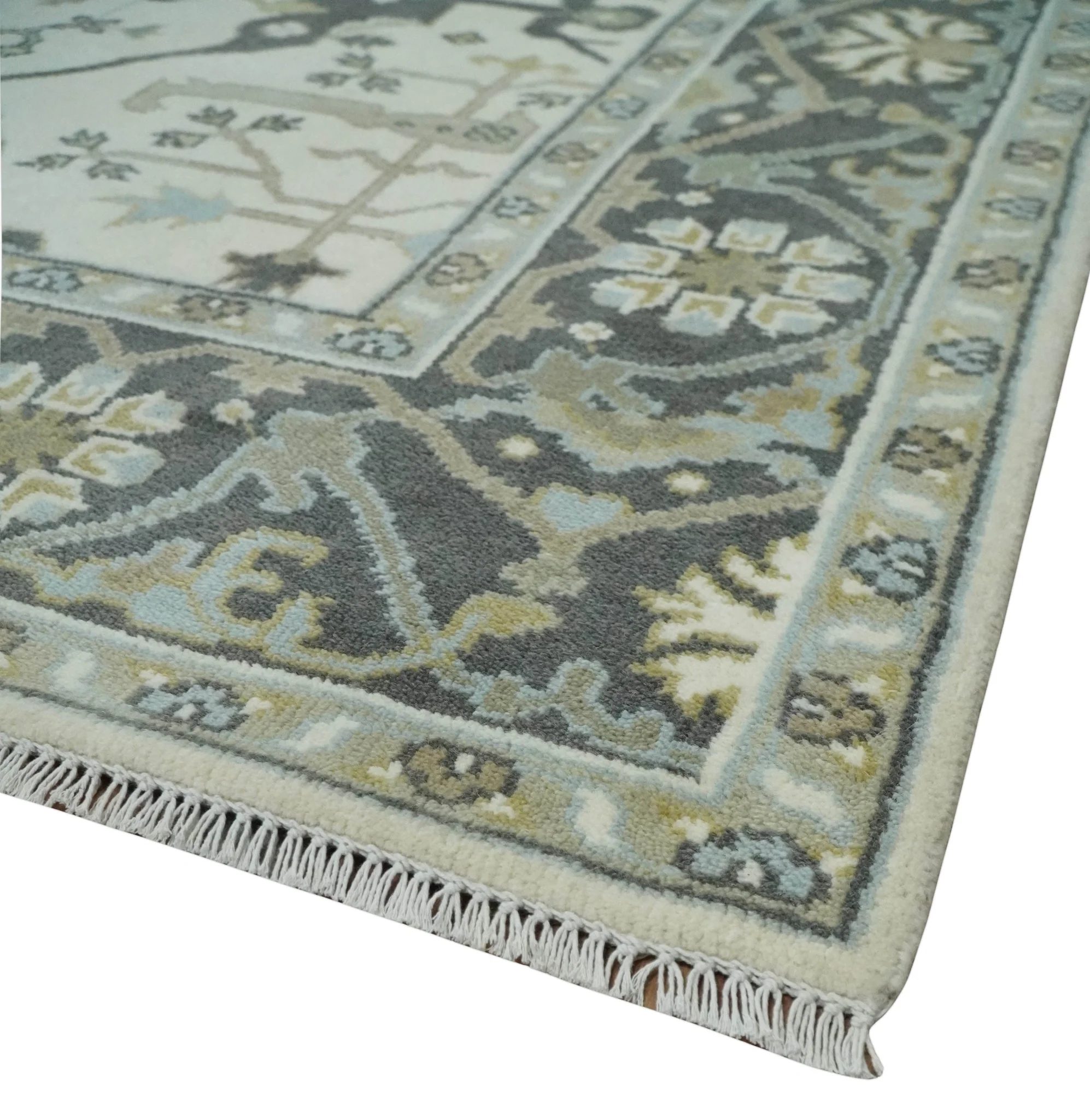 6x6 Square Hand Knotted Oriental Oushak Ivory, Charcoal and Olive Wool Area Rug | TRDCP153266SS - Image 5