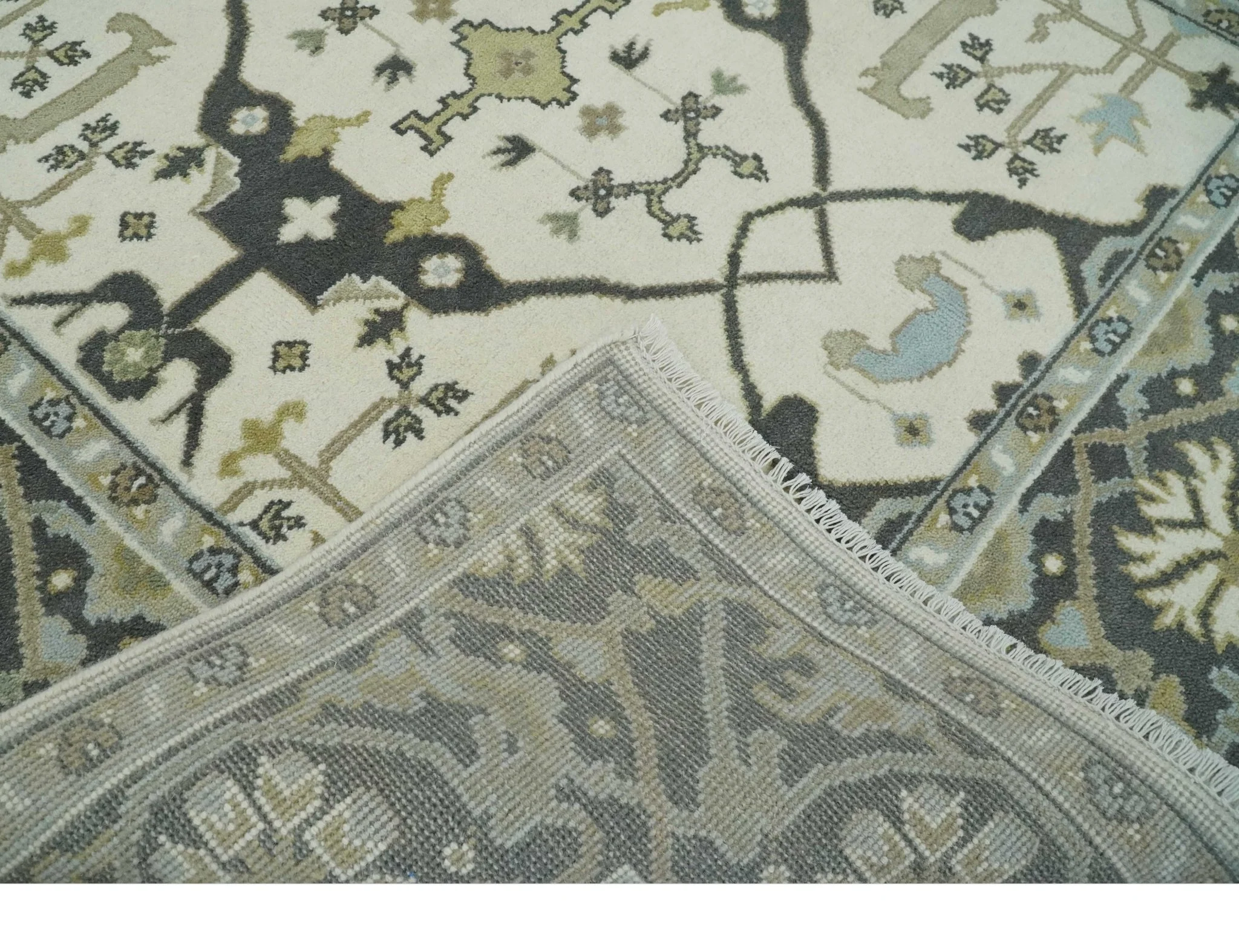 6x6 Square Hand Knotted Oriental Oushak Ivory, Charcoal and Olive Wool Area Rug | TRDCP153266SS - Image 7