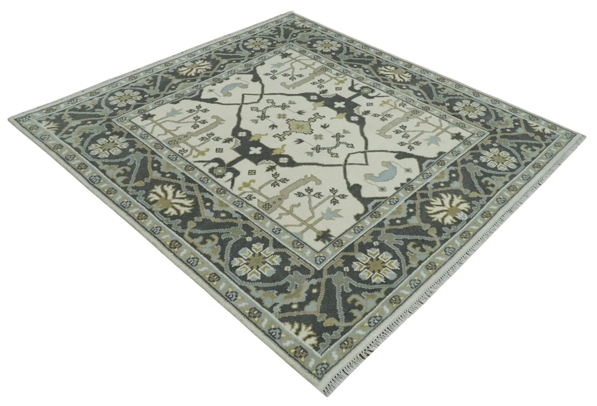 6x6 Square Hand Knotted Oriental Oushak Ivory, Charcoal and Olive Wool Area Rug | TRDCP153266SS - Image 9