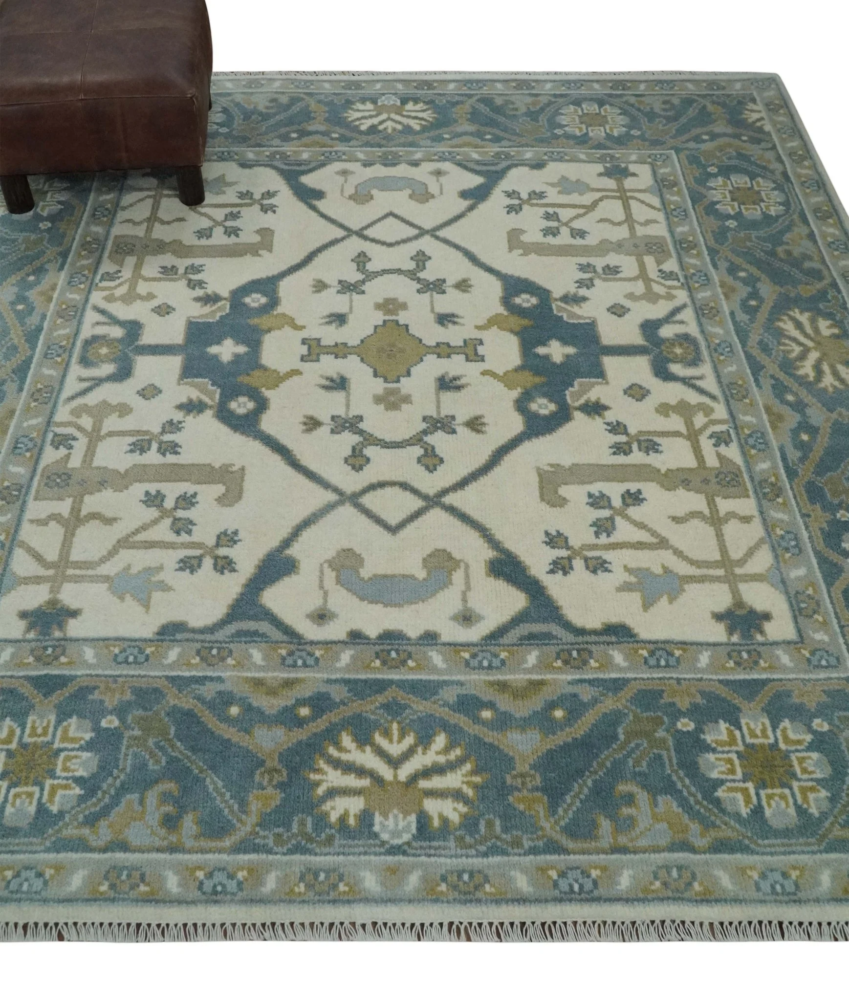 6x6 Square Hand Knotted Oriental Oushak Ivory, Blue and Beige Wool Area Rug | TRDCP153466SS - Image 3