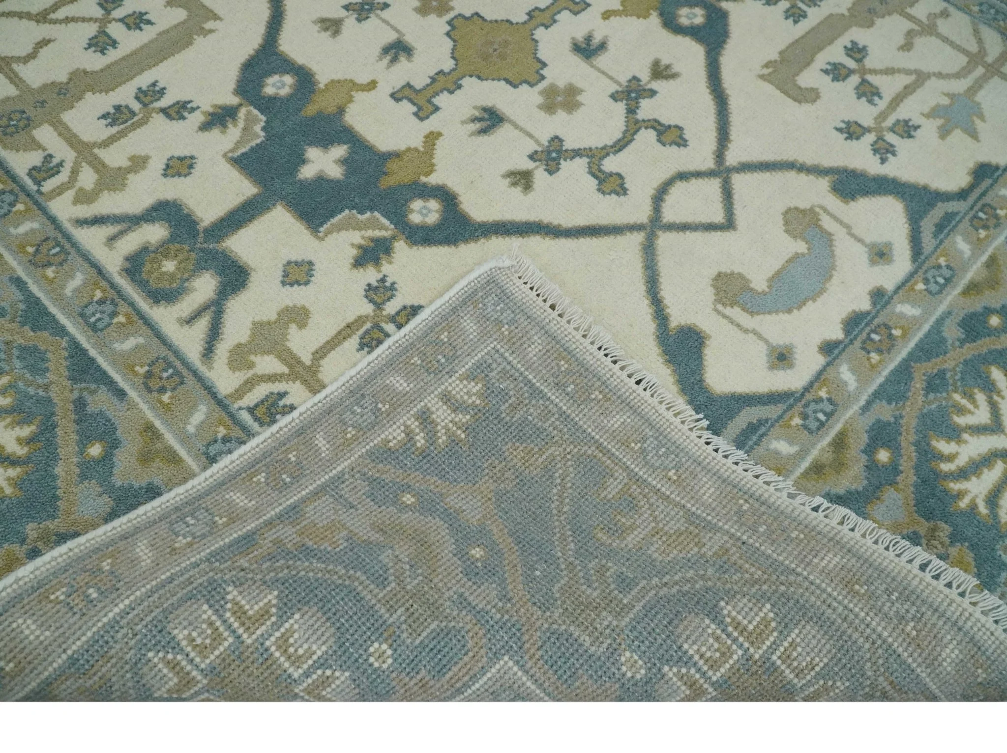 6x6 Square Hand Knotted Oriental Oushak Ivory, Blue and Beige Wool Area Rug | TRDCP153466SS - Image 7