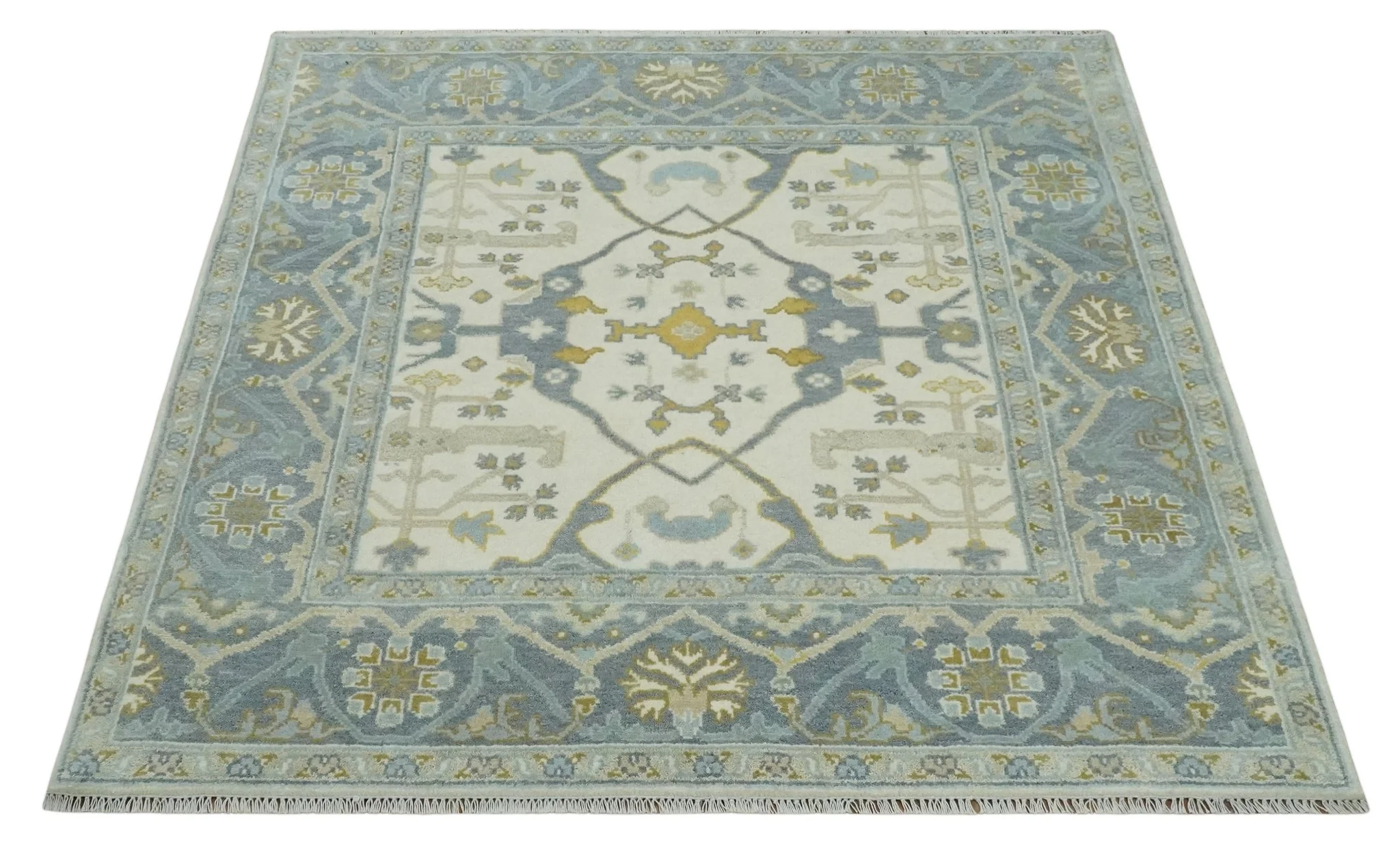 6x6 Square Hand Knotted Oriental Oushak Ivory, Charcoal and Beige Wool Area Rug - Image 10