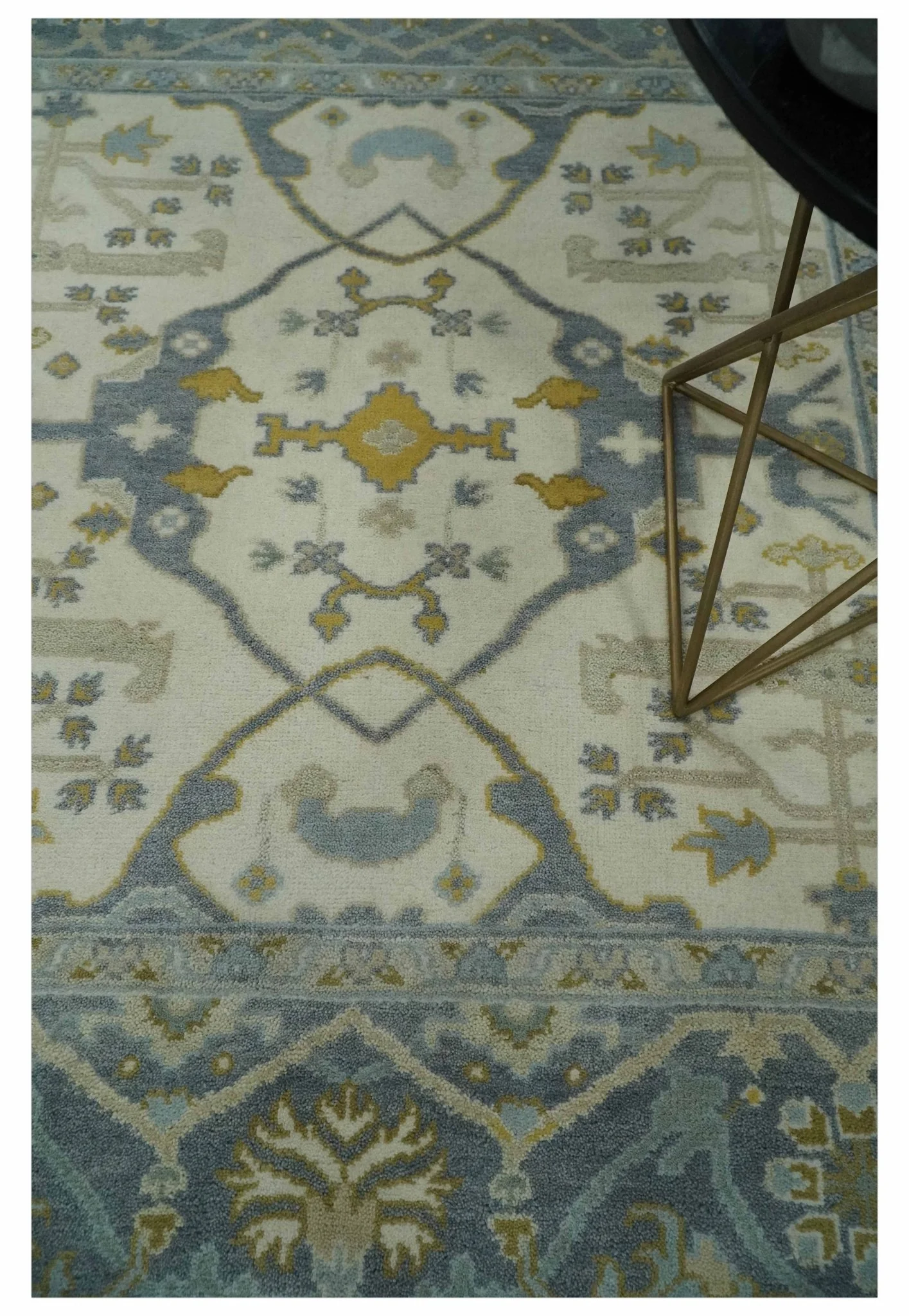 6x6 Square Hand Knotted Oriental Oushak Ivory, Charcoal and Beige Wool Area Rug - Image 2