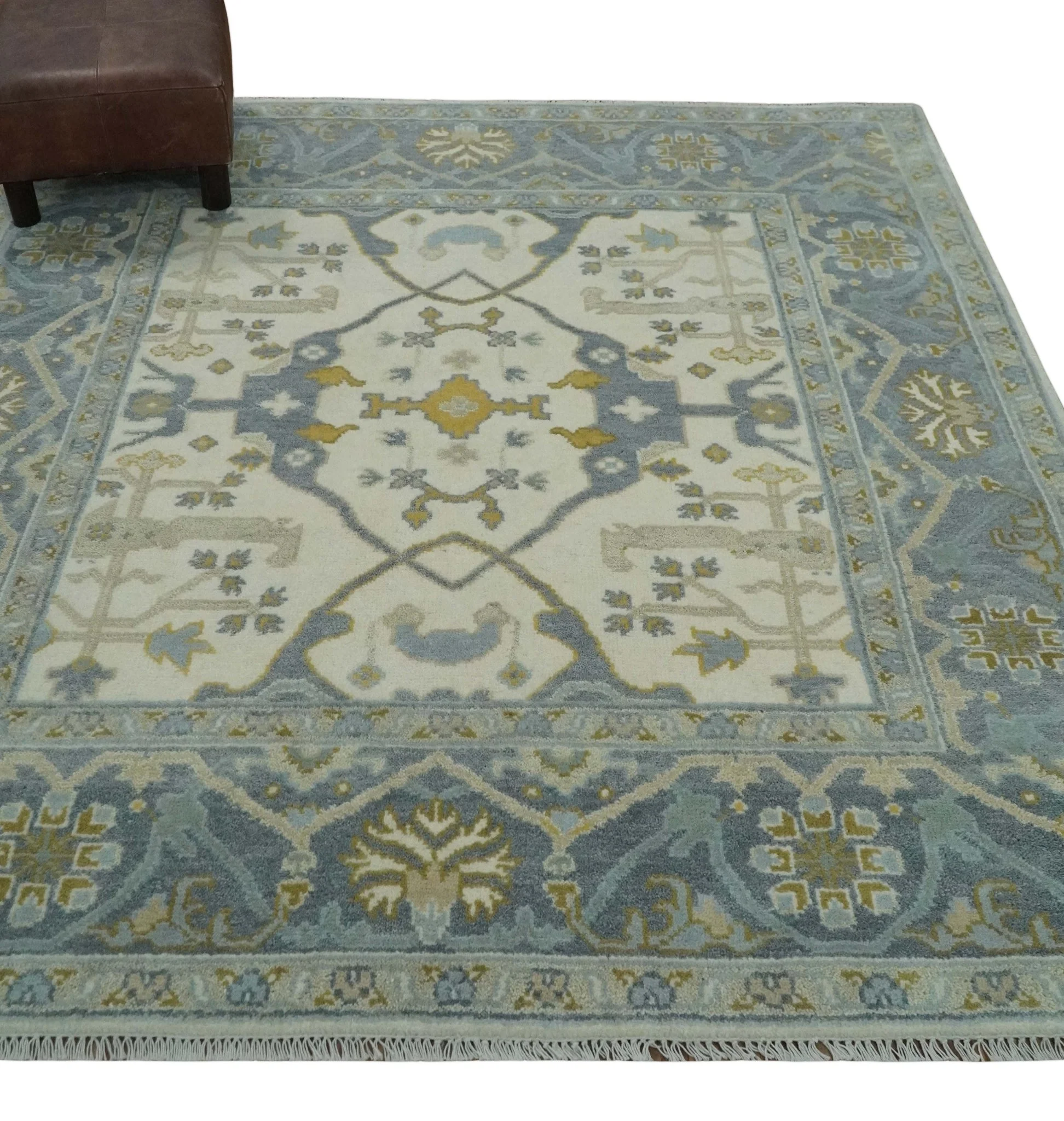 6x6 Square Hand Knotted Oriental Oushak Ivory, Charcoal and Beige Wool Area Rug - Image 3