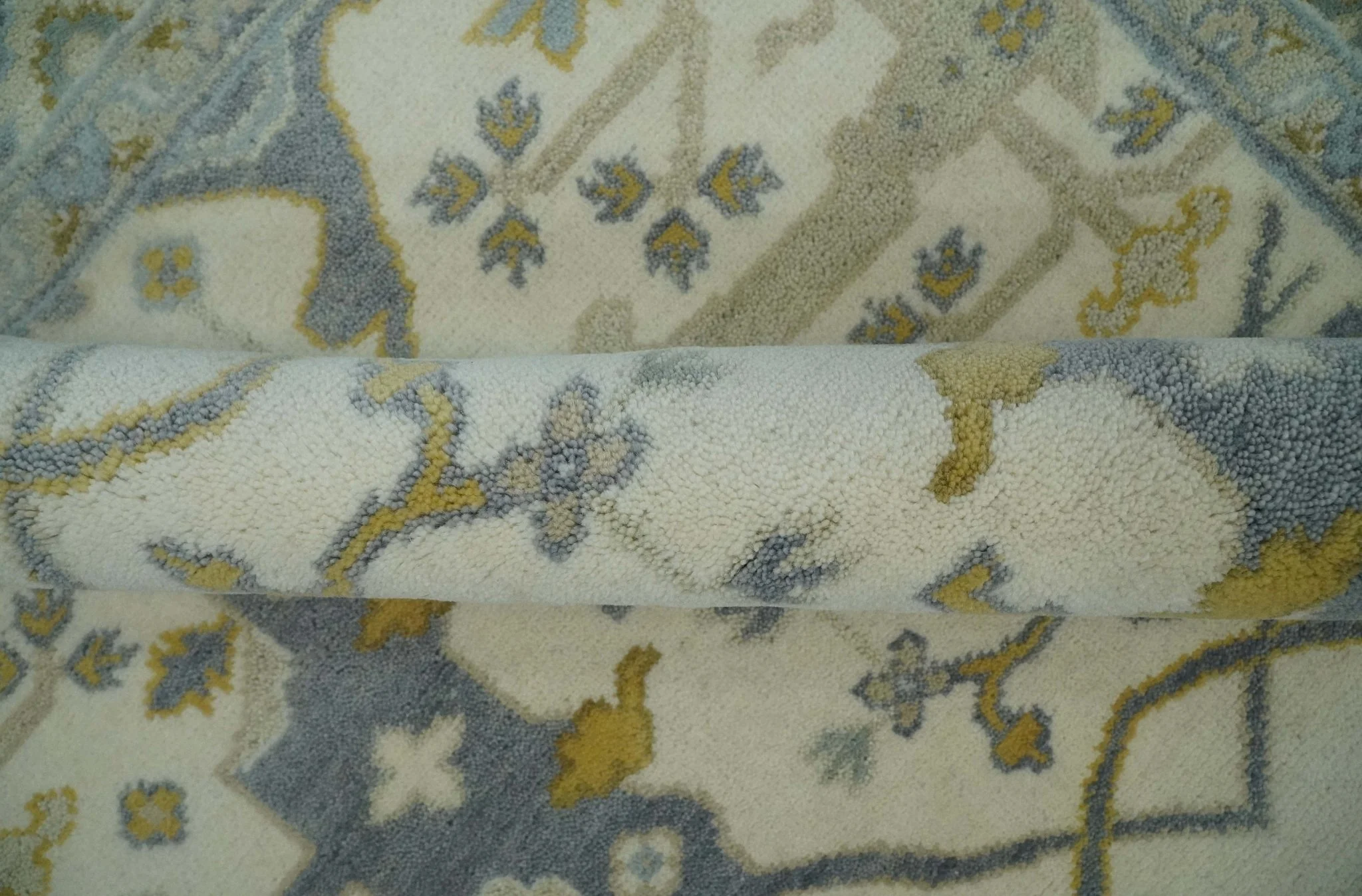6x6 Square Hand Knotted Oriental Oushak Ivory, Charcoal and Beige Wool Area Rug - Image 4